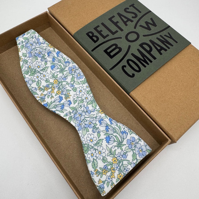 self-tie liberty bow tie in pale blue floral by the belfast bow company
