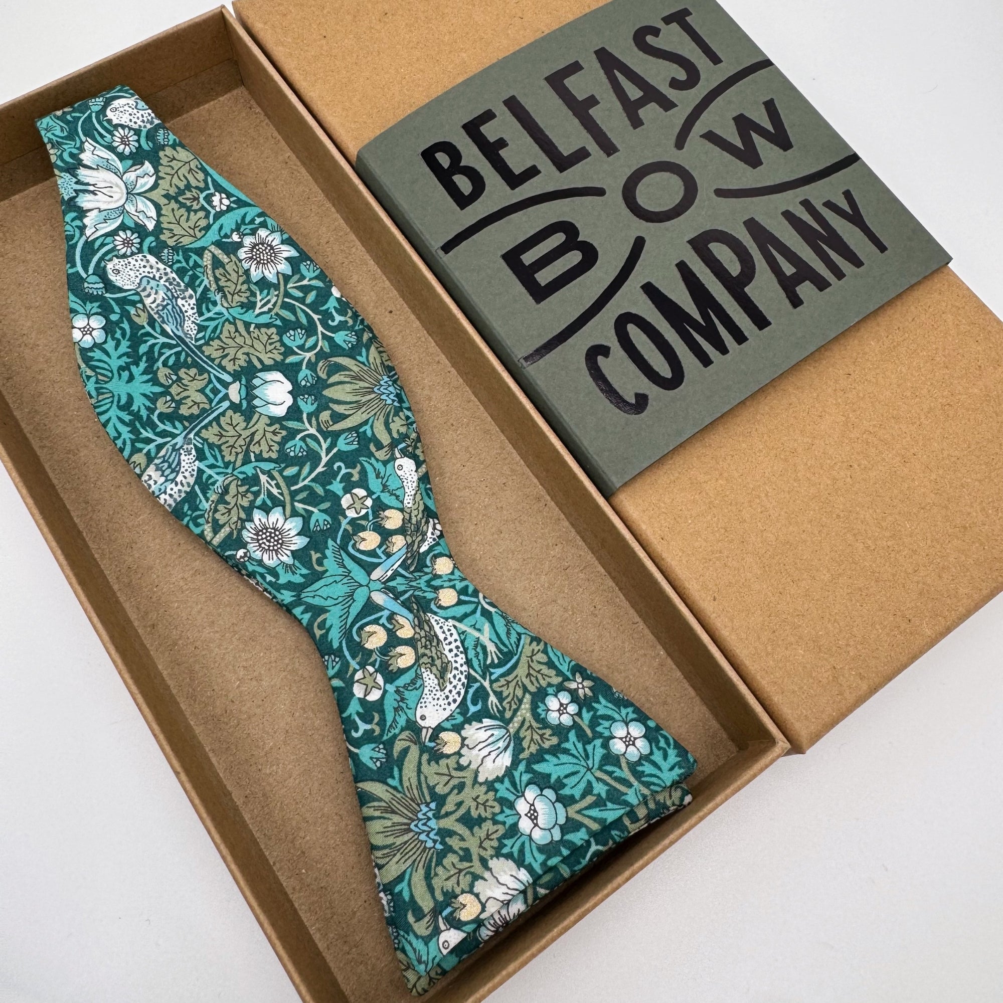 Self-Tie Liberty of London Bow Tie in Teal Green Bird Motif