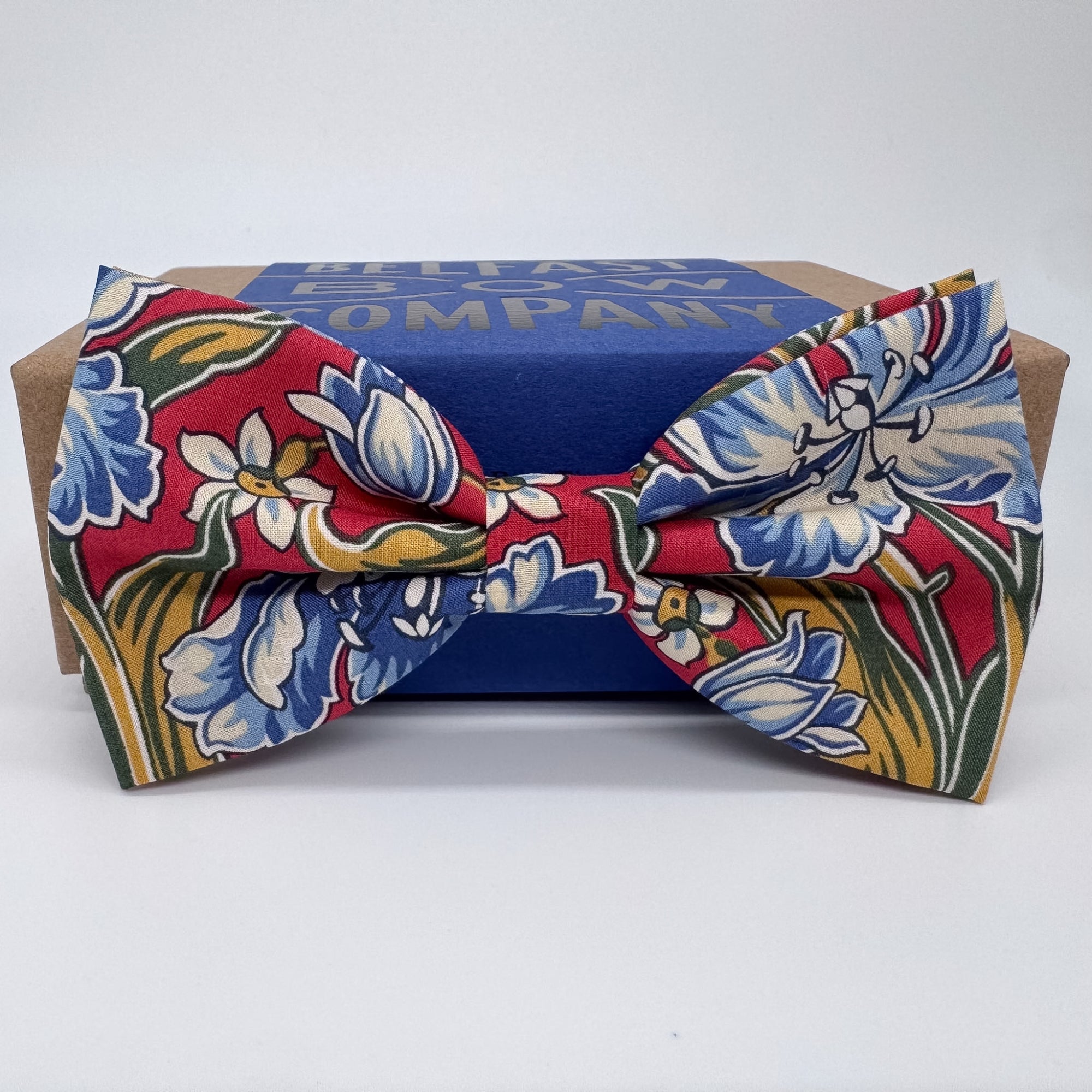 Red and blue floral bow tie by the belfast bow company