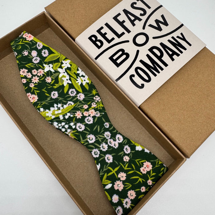 Green and pink floral self-tie bow tie
by the belfast bow company
