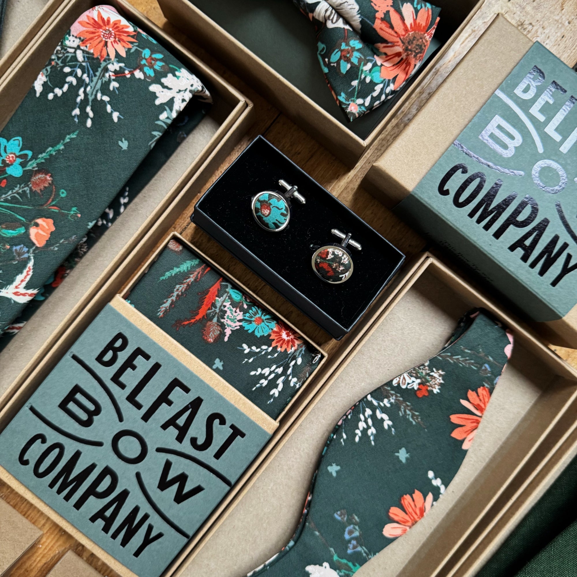 Dark green floral wedding accessories collection by the belfast bow company