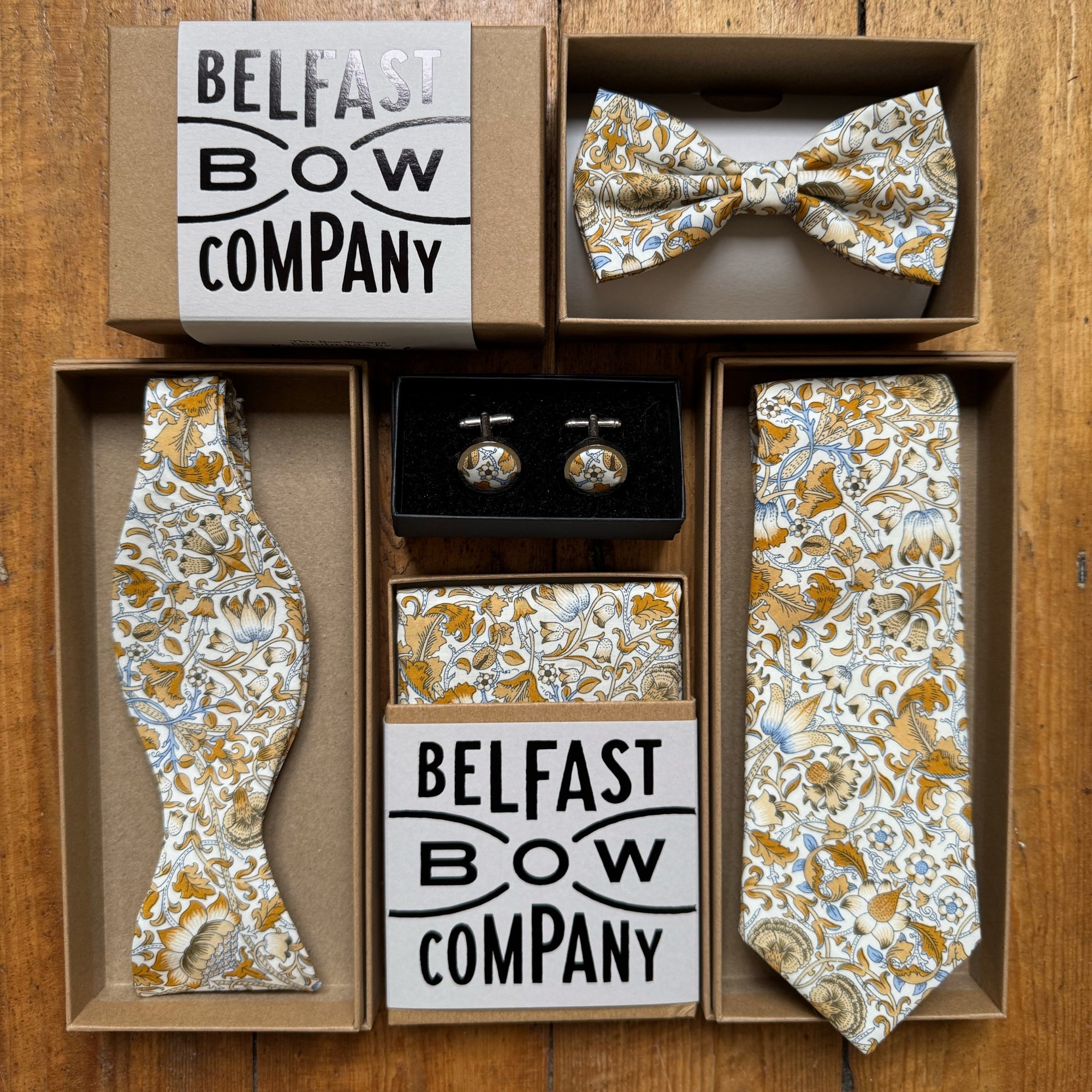 Liberty of London Bow Tie in Mustard & Blue Scrolling Flower Motif