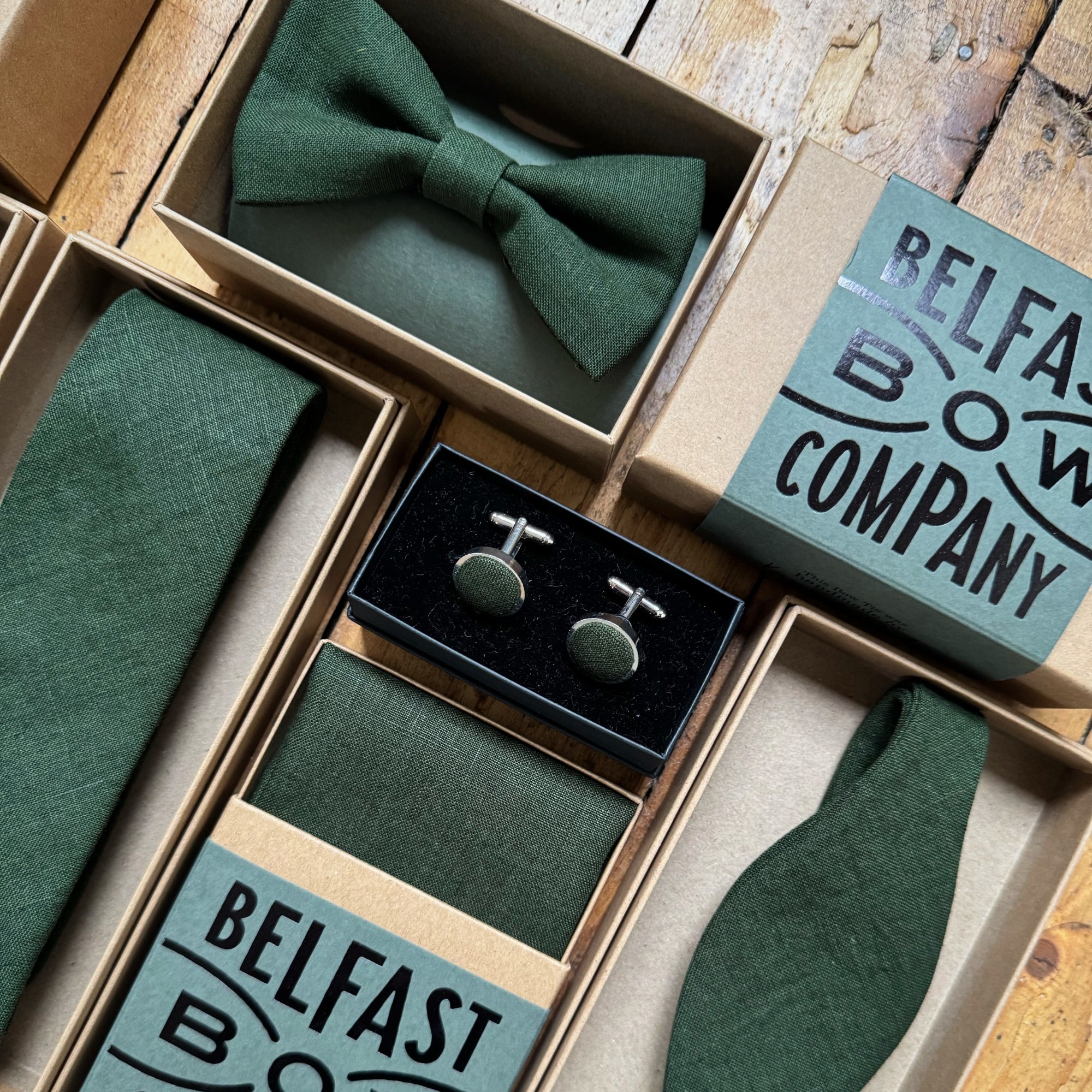 emerald green matching linen mens wedding accessories by the belfast bow company