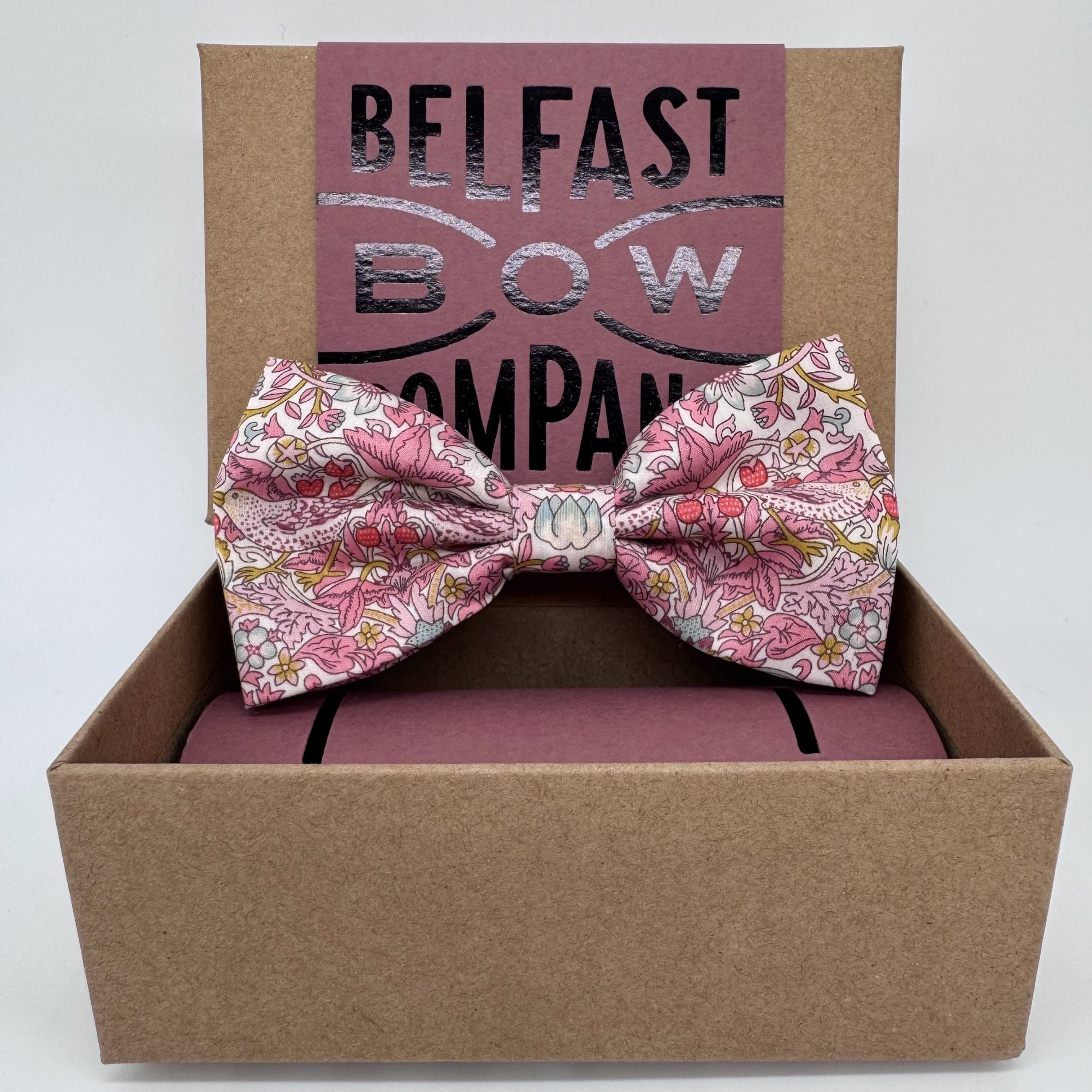 Pink bow tie in liberty strawberry thief print by the belfast bow company