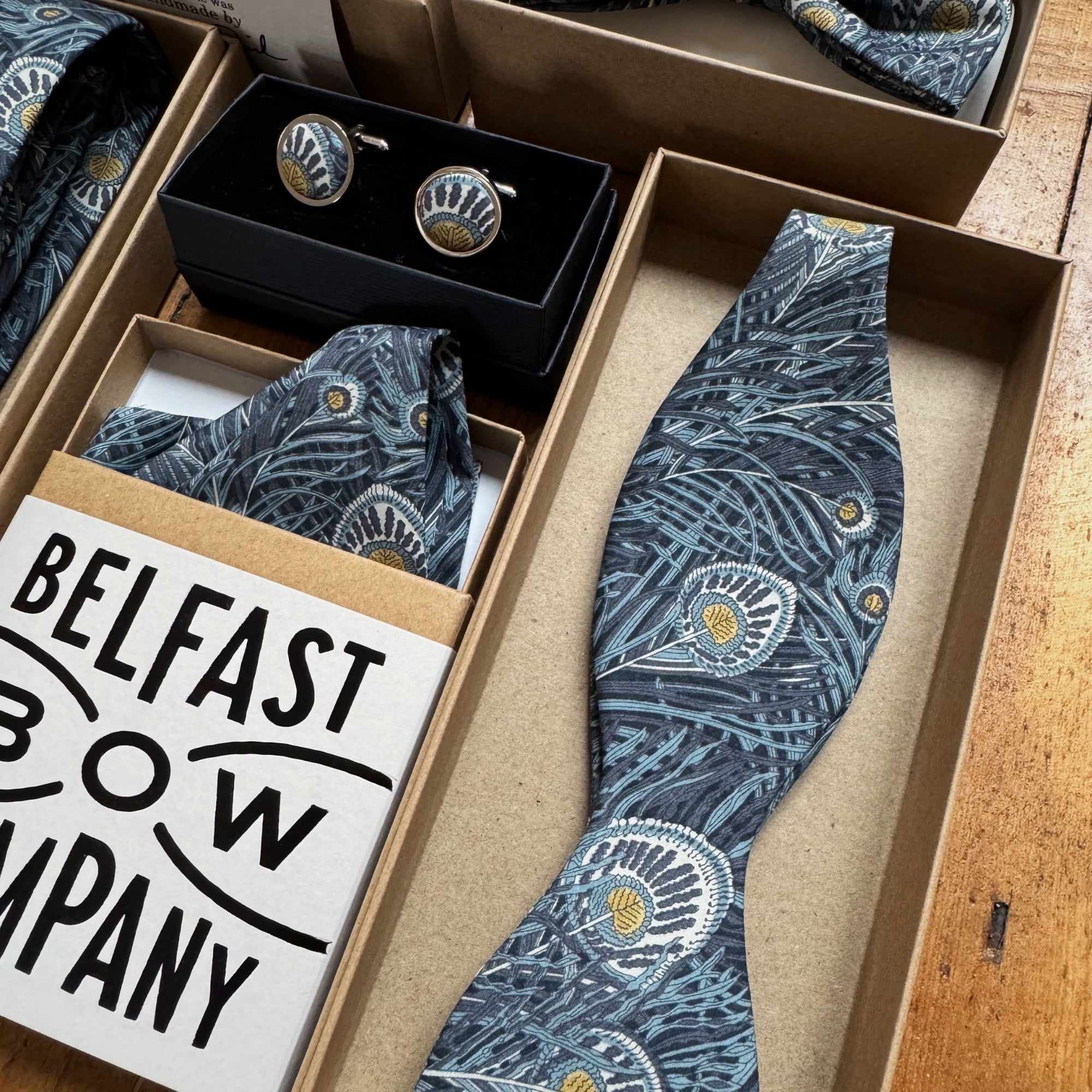 Self-Tie Liberty of London Bow Tie in Navy Peacock Feathers