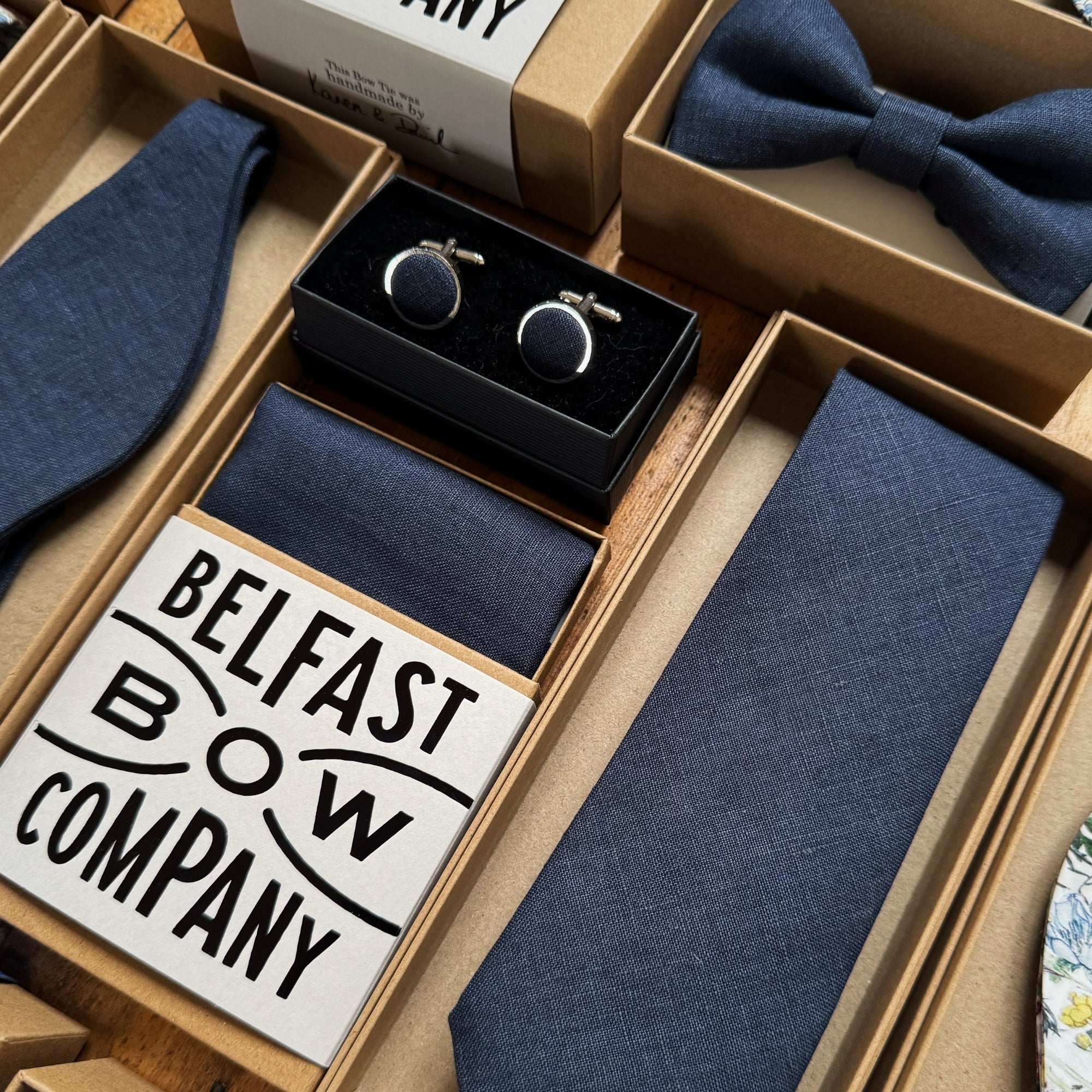 Navy linen wedding accessories for men by the belfast bow company