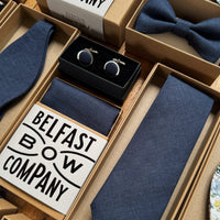 Navy linen wedding accessories for men by the belfast bow company