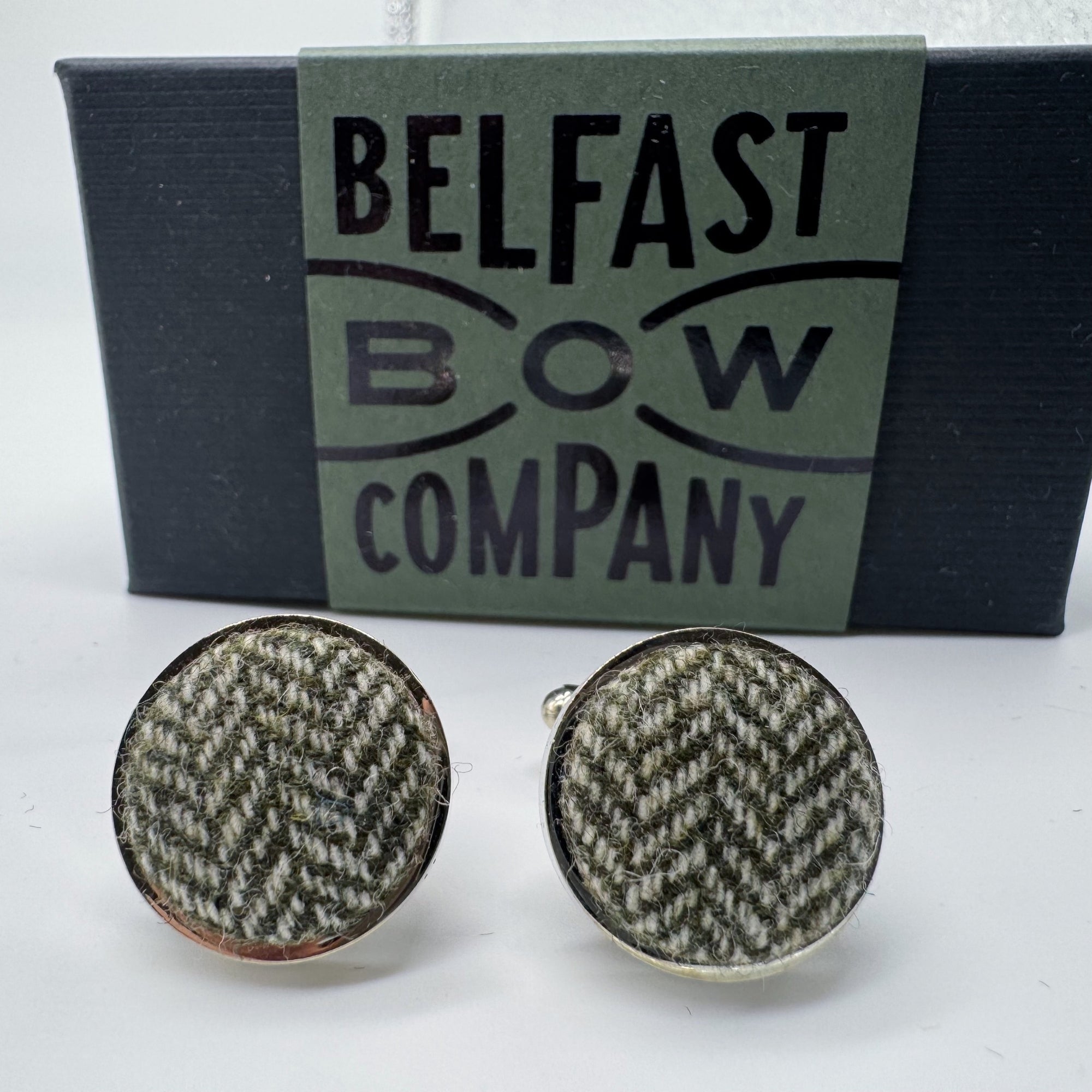 Tweed Cufflinks in Olive Green Herringbone