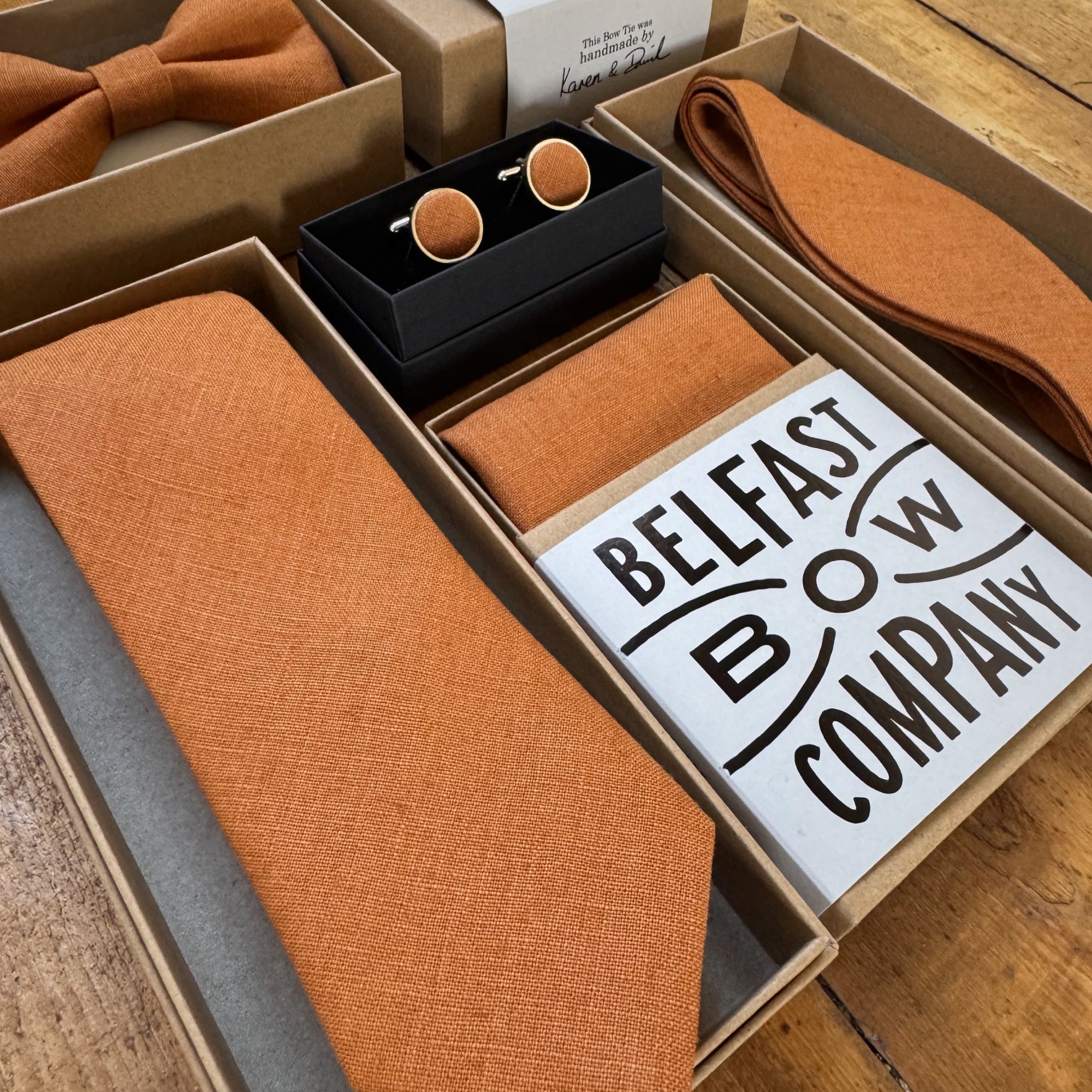 burnt orange mens wedding accessories in irish linen by the belfast bow company