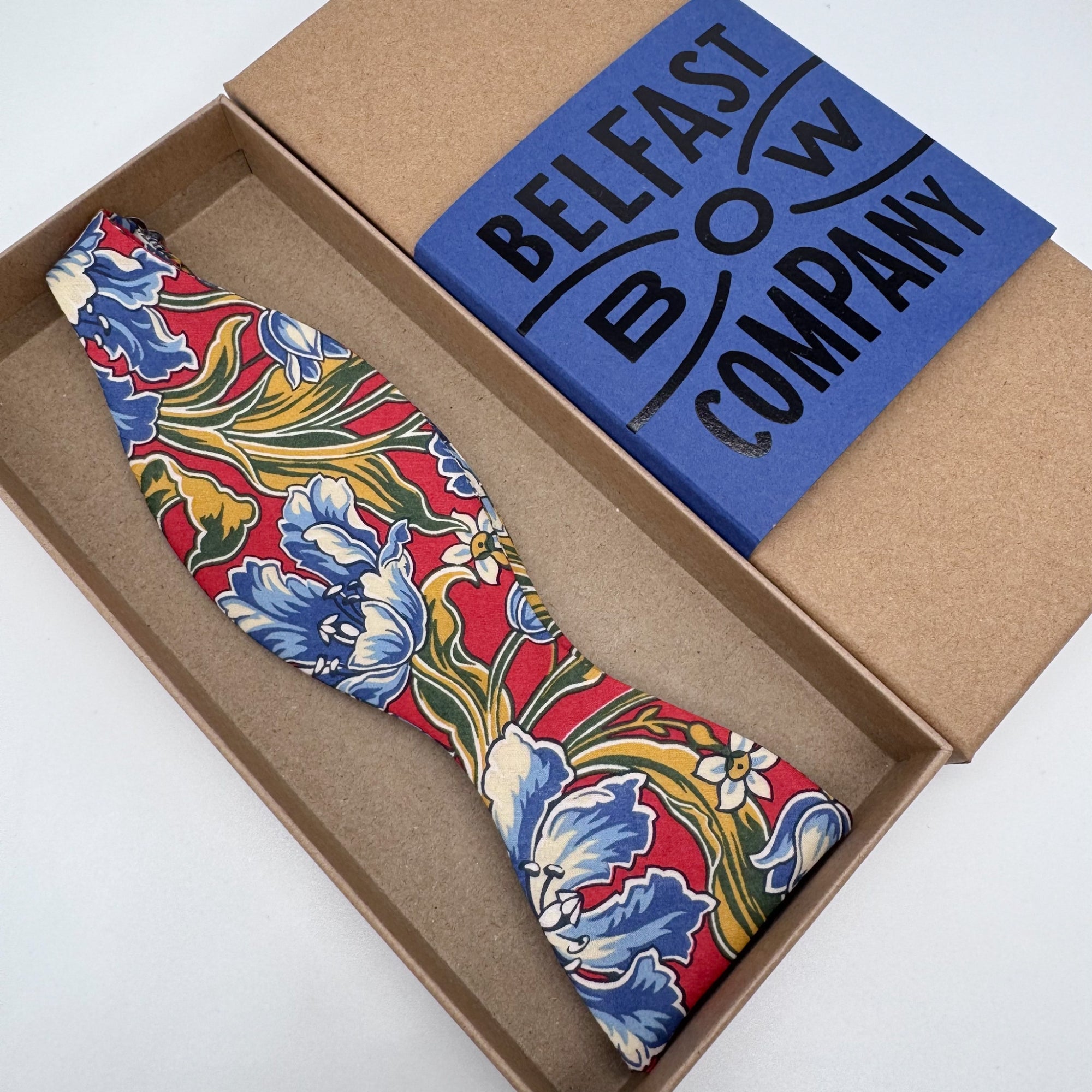Liberty Self-Tie in red and blue floral by the belfast bow company