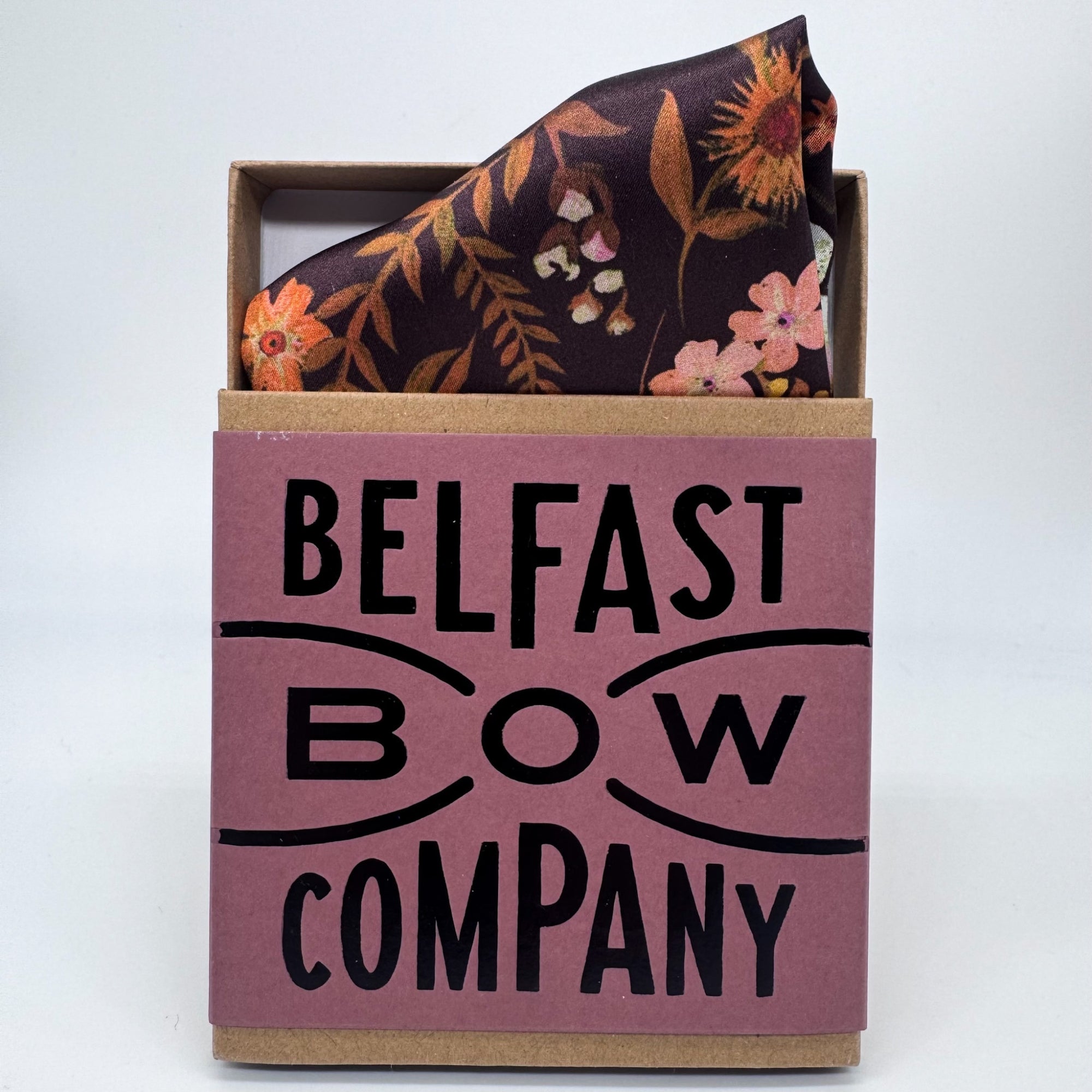 Liberty silk pocket square in burgundy brown floral by the belfast bow company