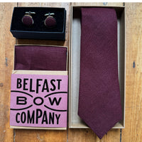 matching tie pocket square and cufflinks in burgundy irish linen by the belfast bow company