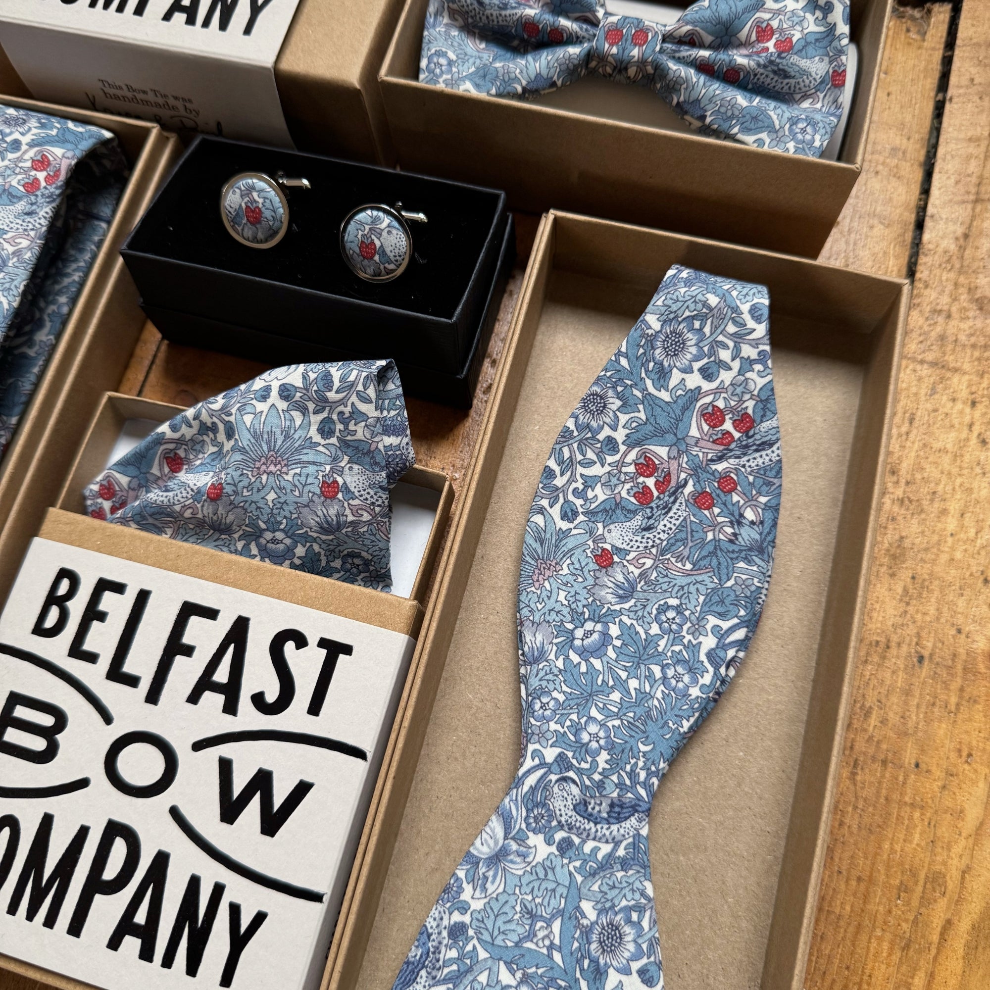 Self-Tie Liberty of London Bow Tie in Slate Blue Bird Motif