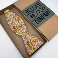 Liberty self-tie in mustard peacock print by the belfast bow company