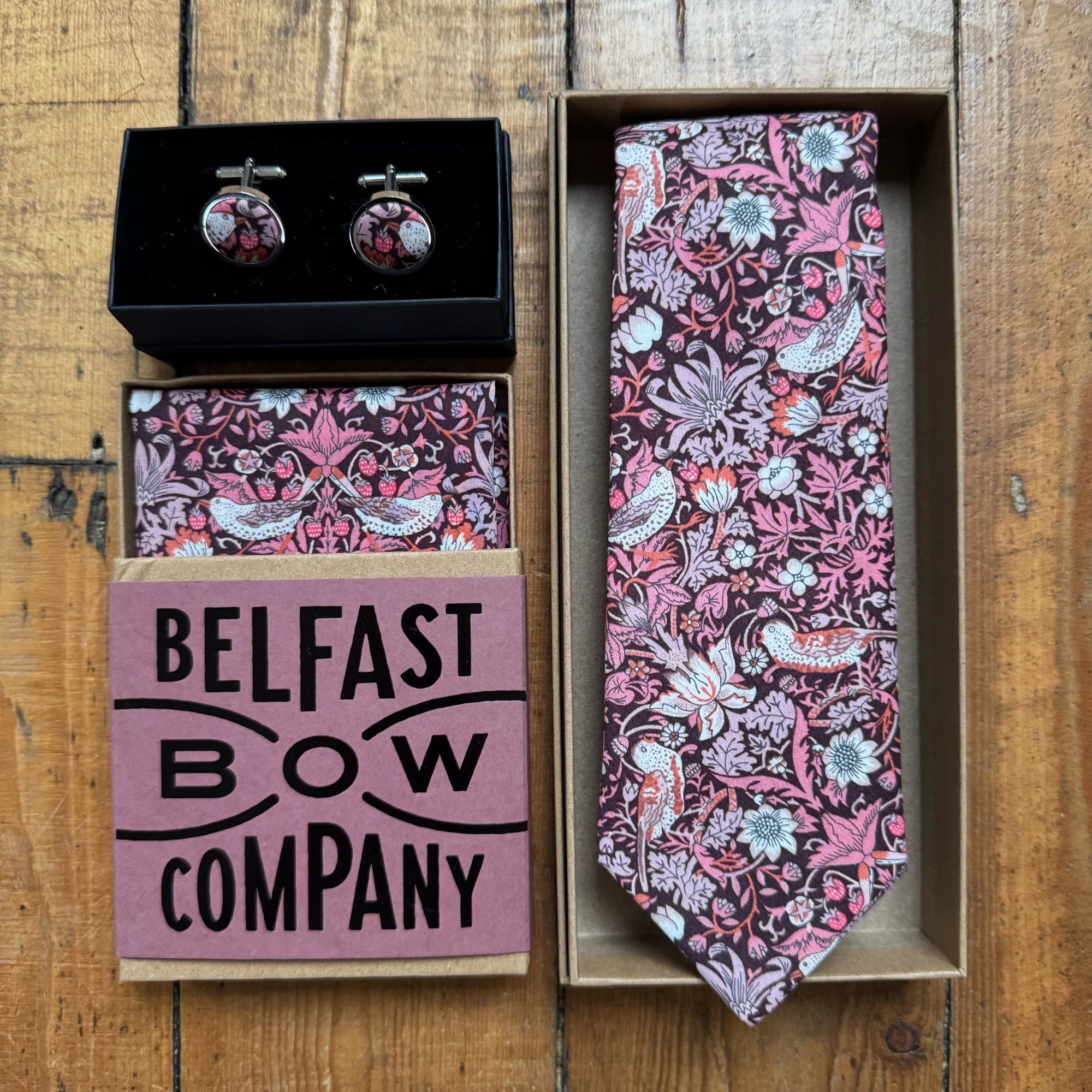 Matching wedding accessories for men in burgundy strawberry thief by the belfast bow company