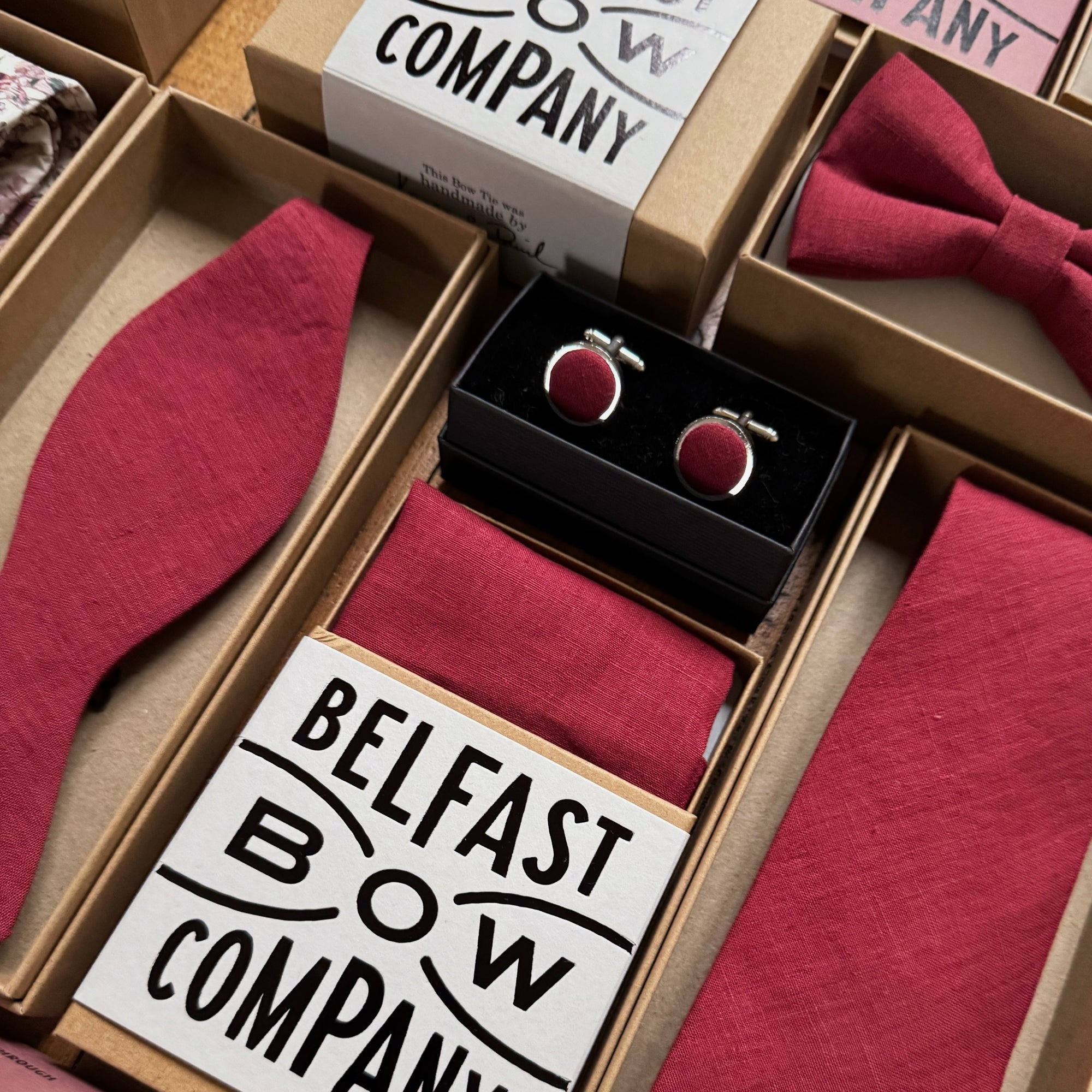Cherry red mens wedding accessories in irish linen by the belfast bow company