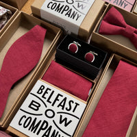 Cherry red mens wedding accessories in irish linen by the belfast bow company