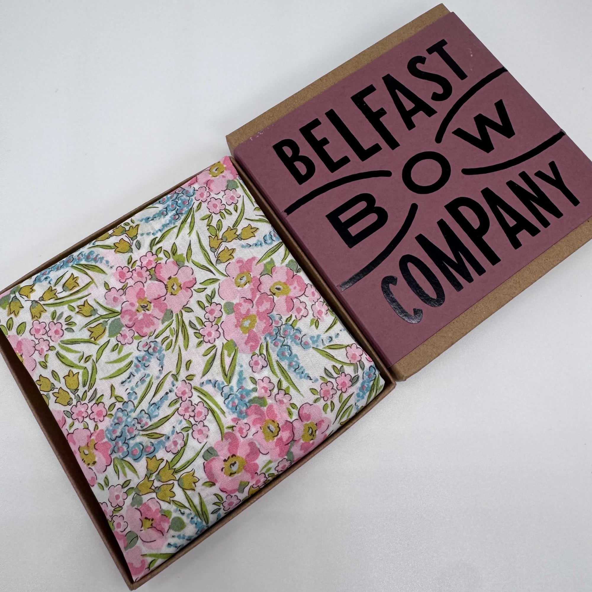 Liberty pocket square in pink and blue floral by the belfast bow company