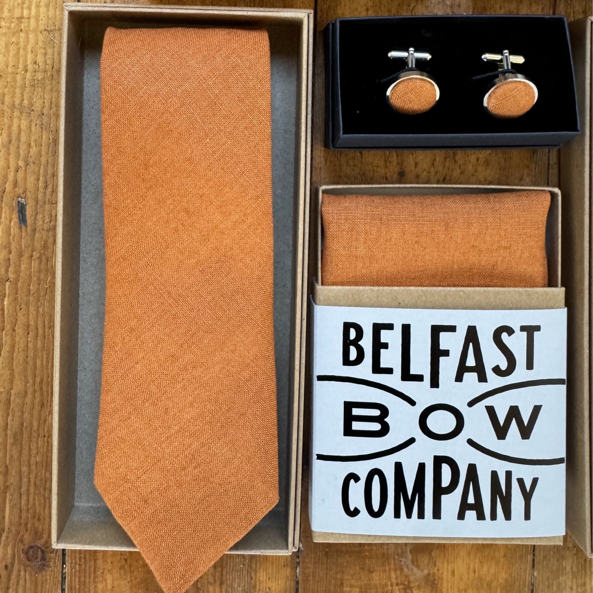 burnt orange mens wedding accessories in irish linen by the belfast bow company