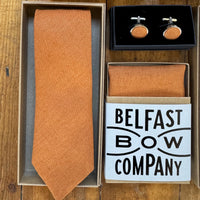 burnt orange mens wedding accessories in irish linen by the belfast bow company