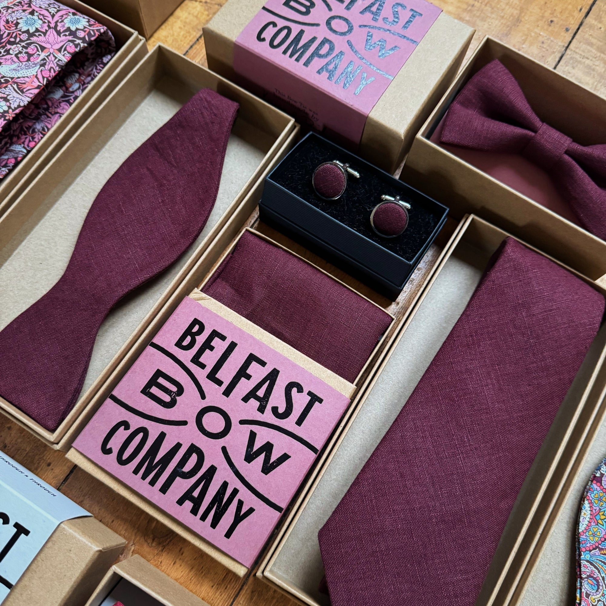 Burgundy mens wedding accessories in irish linen by the belfast bow company