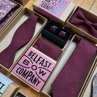 Burgundy mens wedding accessories in irish linen by the belfast bow company