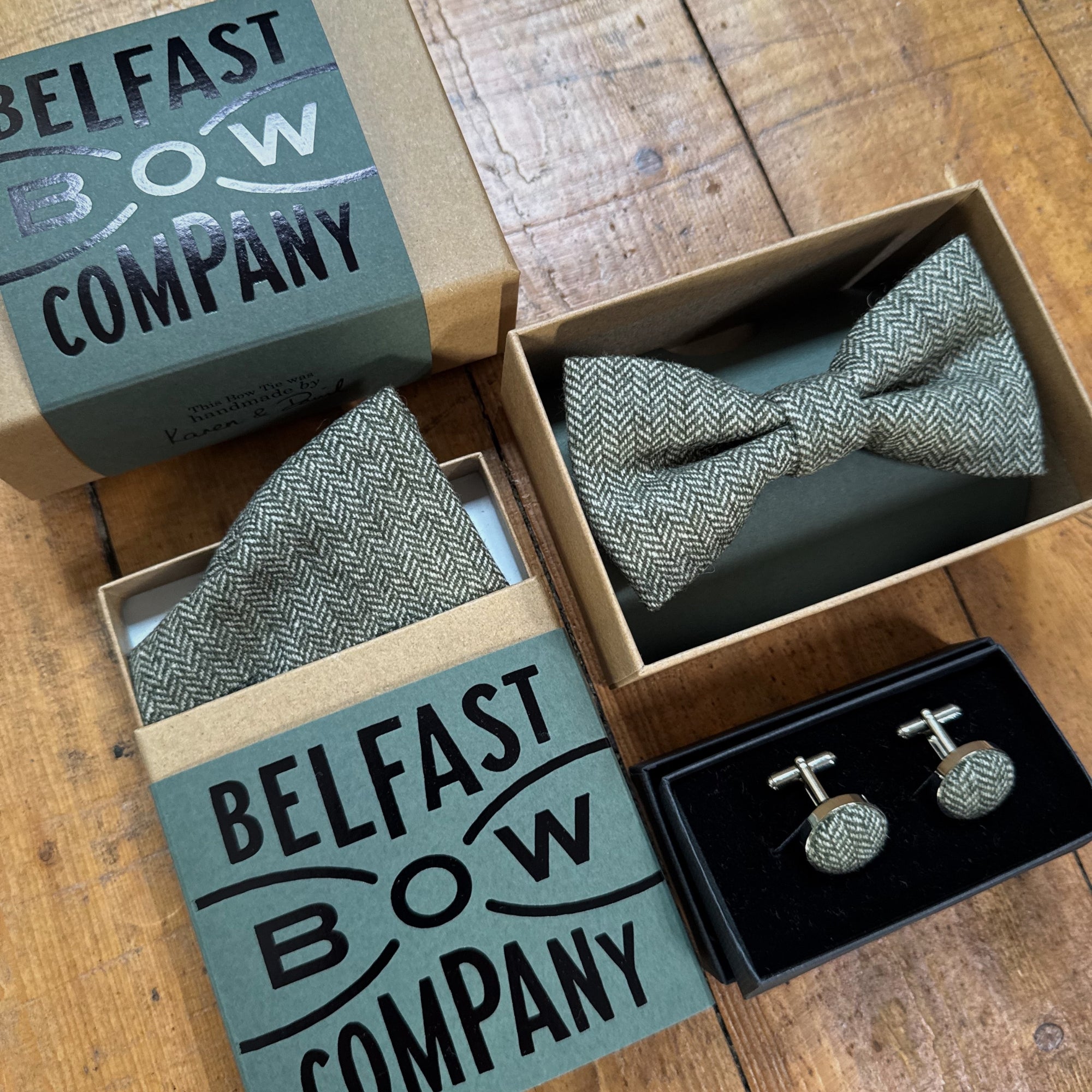 Tweed Bow Tie in Olive Green Herringbone