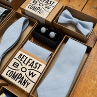 Cornflower blue mens wedding accessories in irish linen by the belfast bow company