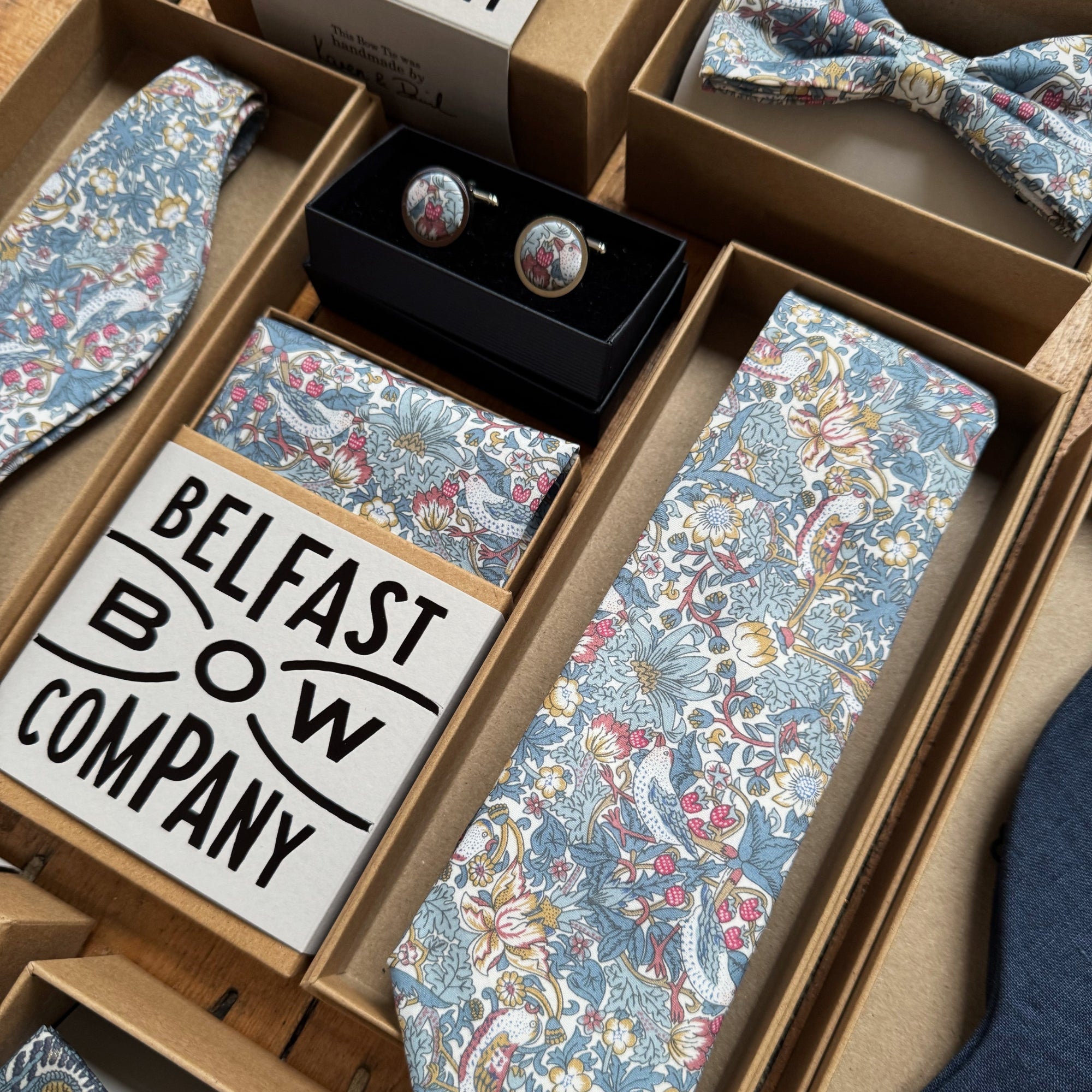 Liberty mens matching wedding accessories in blue strawberry thief by the belfast bow company