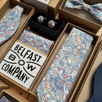 Liberty mens matching wedding accessories in blue strawberry thief by the belfast bow company