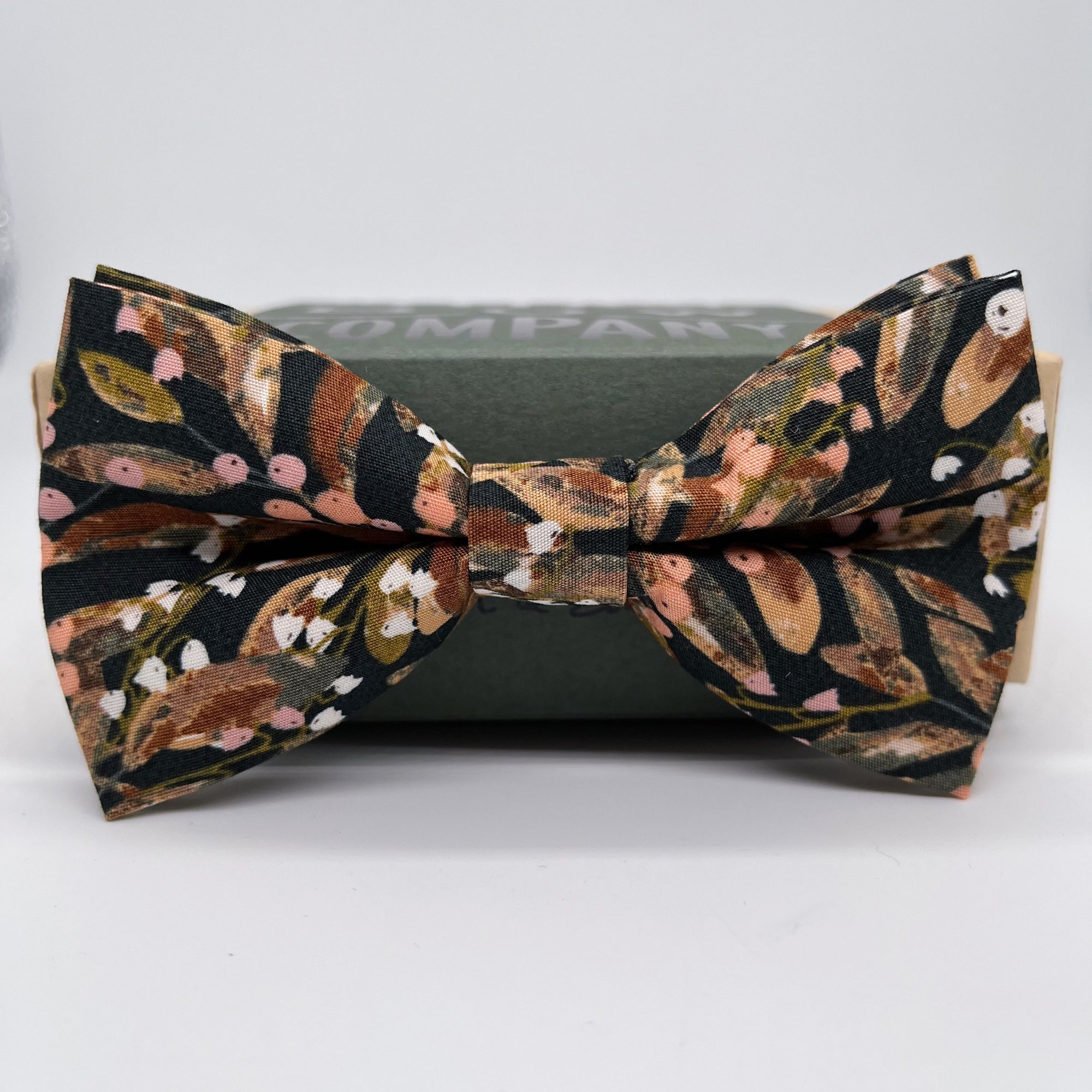 Black Floral bow tie with peach berries by the belfast bow company