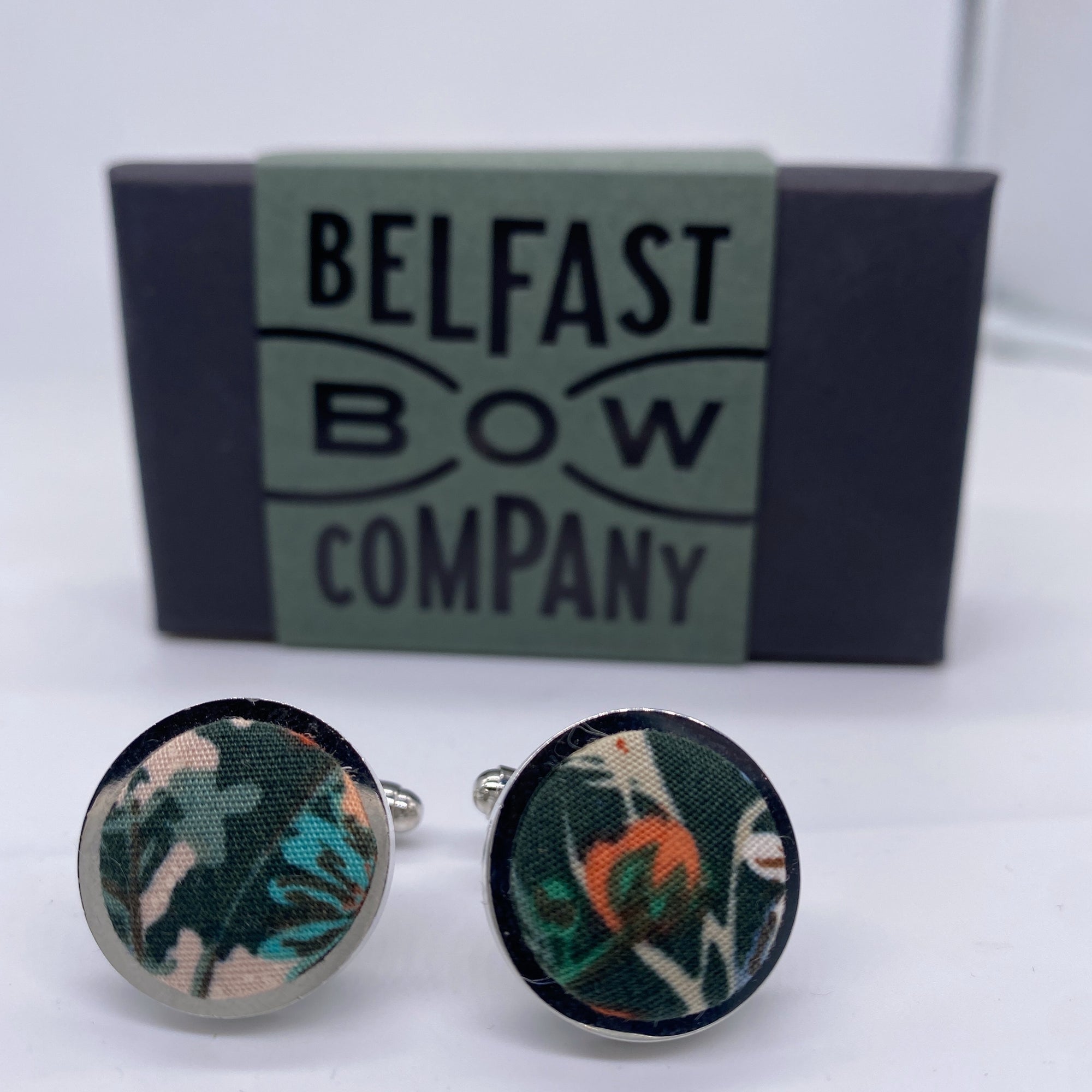 Dark Green Floral Cufflinks by the Belfast Bow Company