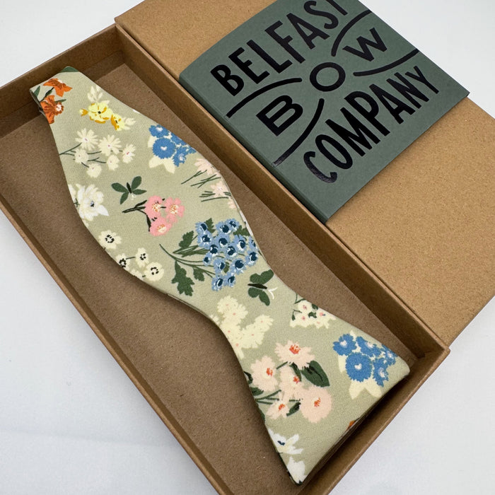 sage green floral self-tie bow tie by the belfast bow company