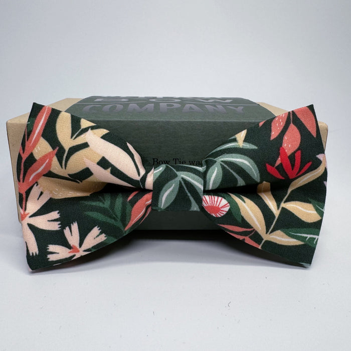 boho blooms bow tie in green tropical print by the belfast bow company