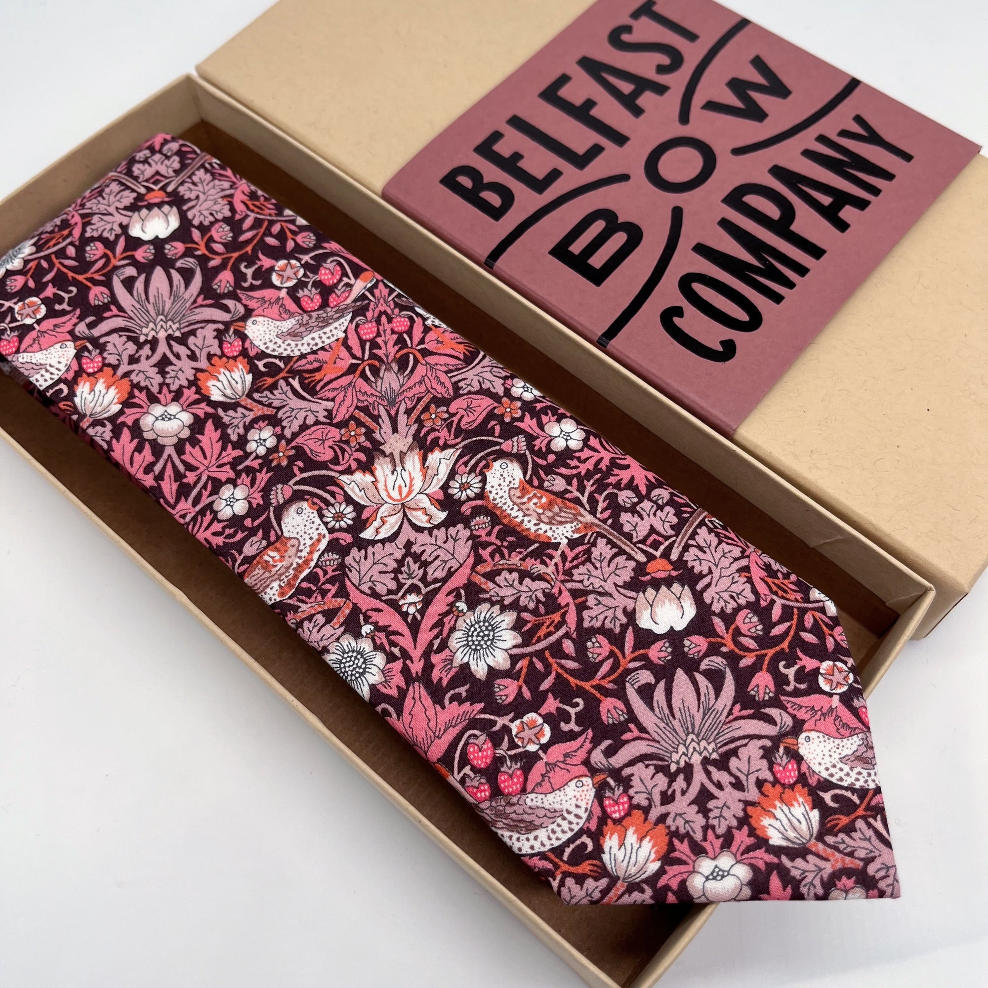 Liberty of London Tie in Burgundy Strawberry Thief by the Belfast Bow Company