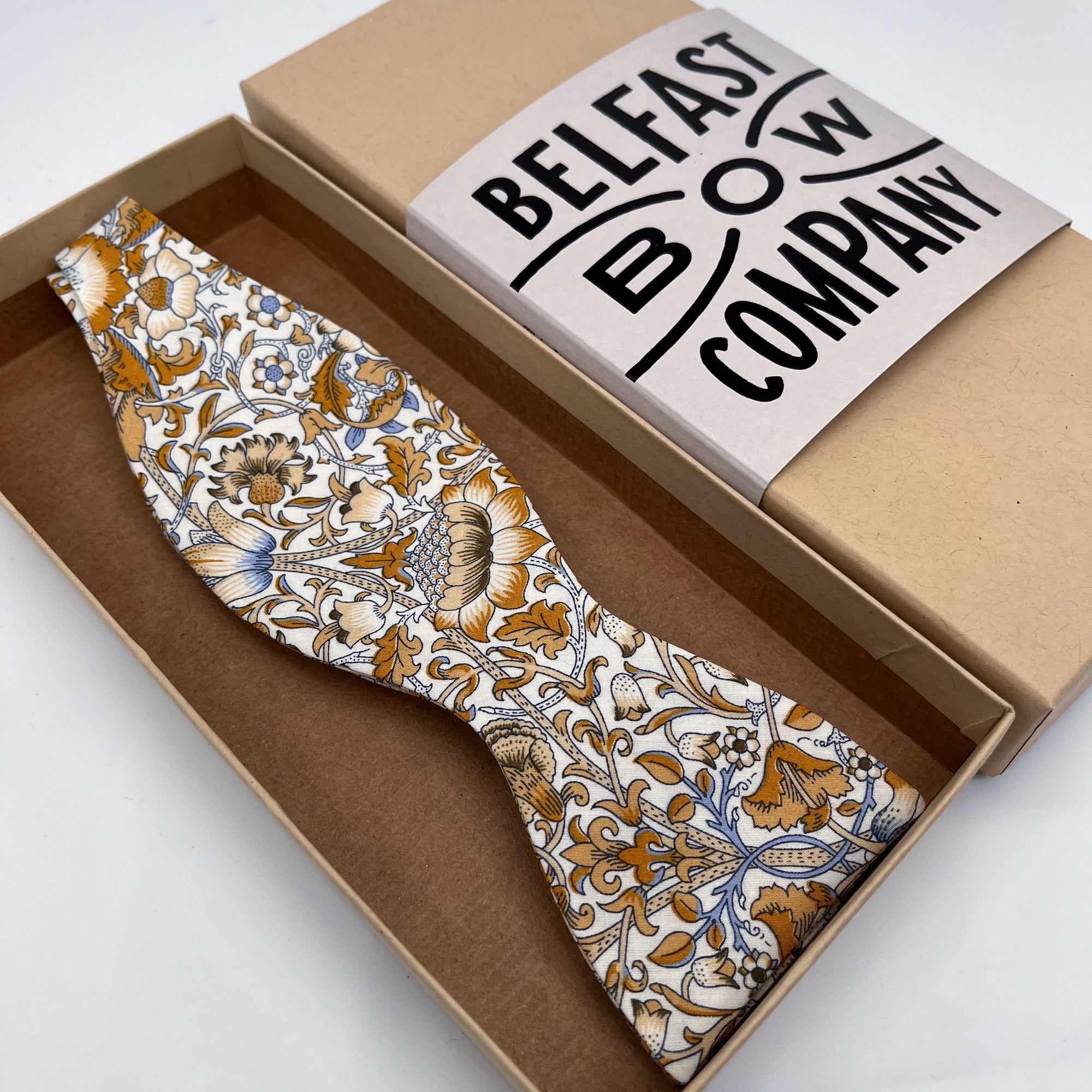 Liberty of London Bow Tie in Mustard & Blue Scrolling Flower Motif