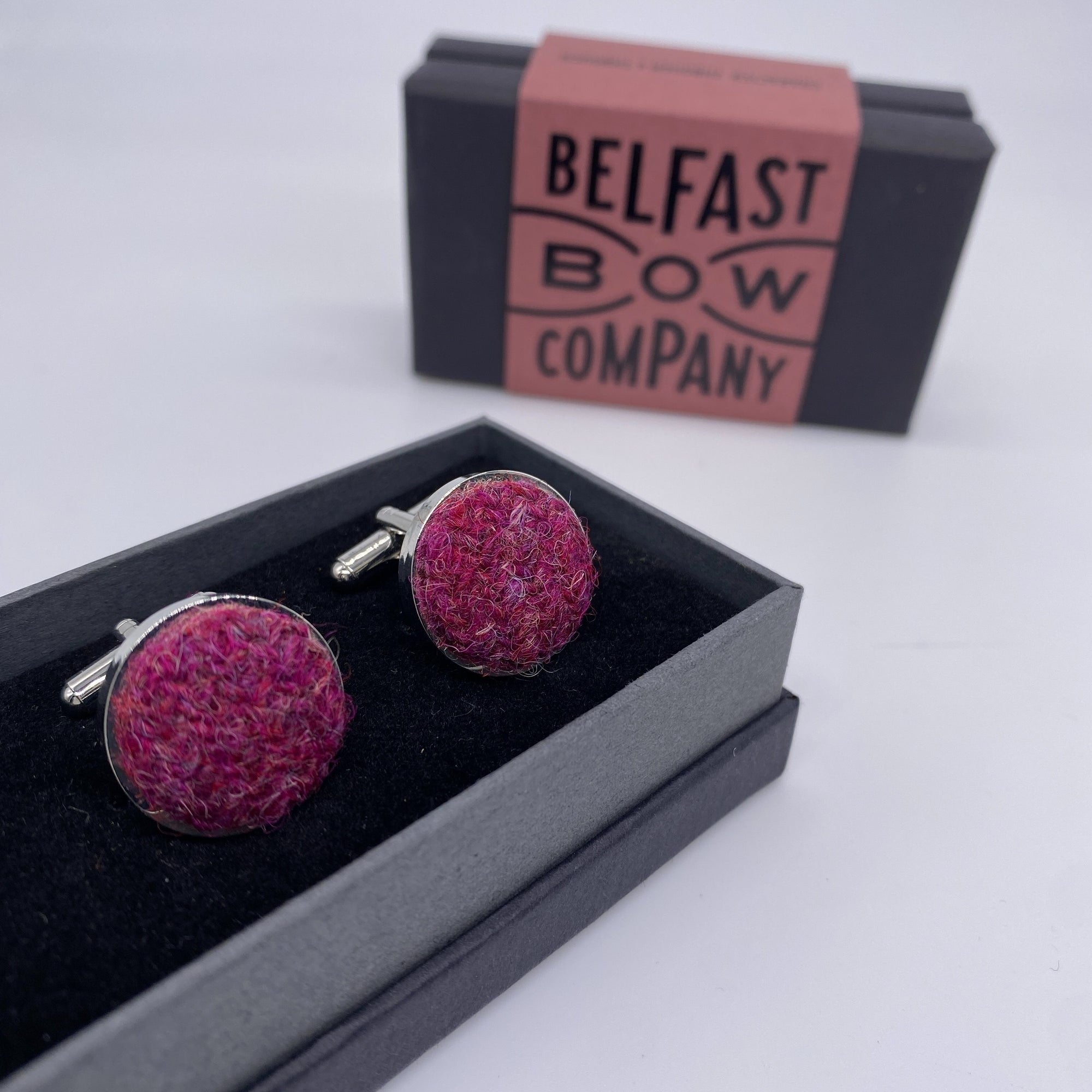 Raspberry Cufflinks in Harris Tweed