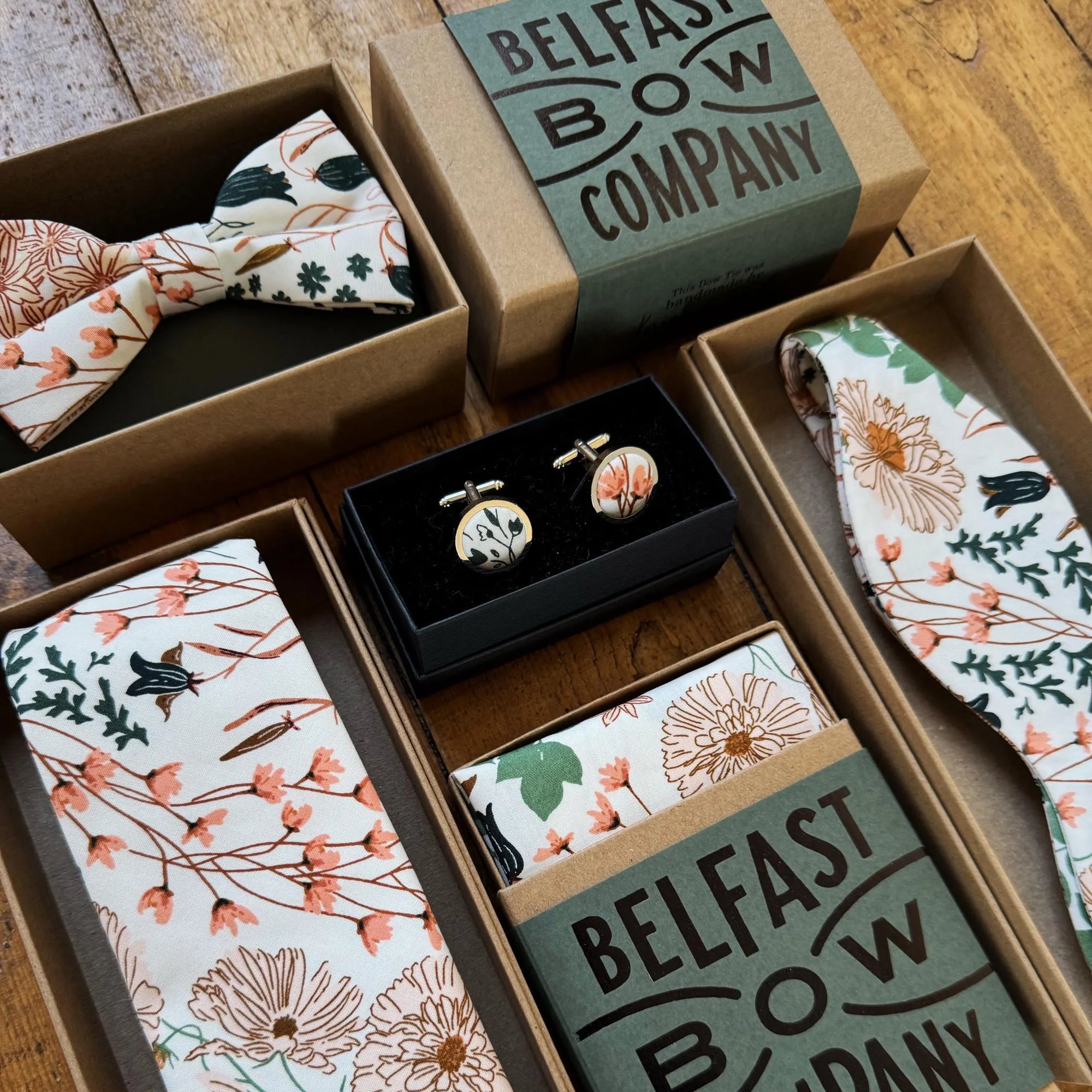 Off-white and burnt orange floral mens wedding accessories by the belfast bow company