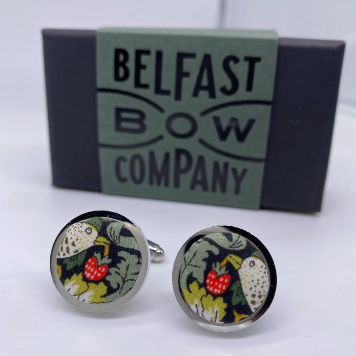 Strawberry Thief Cufflinks in Green by the Belfast Bow Company