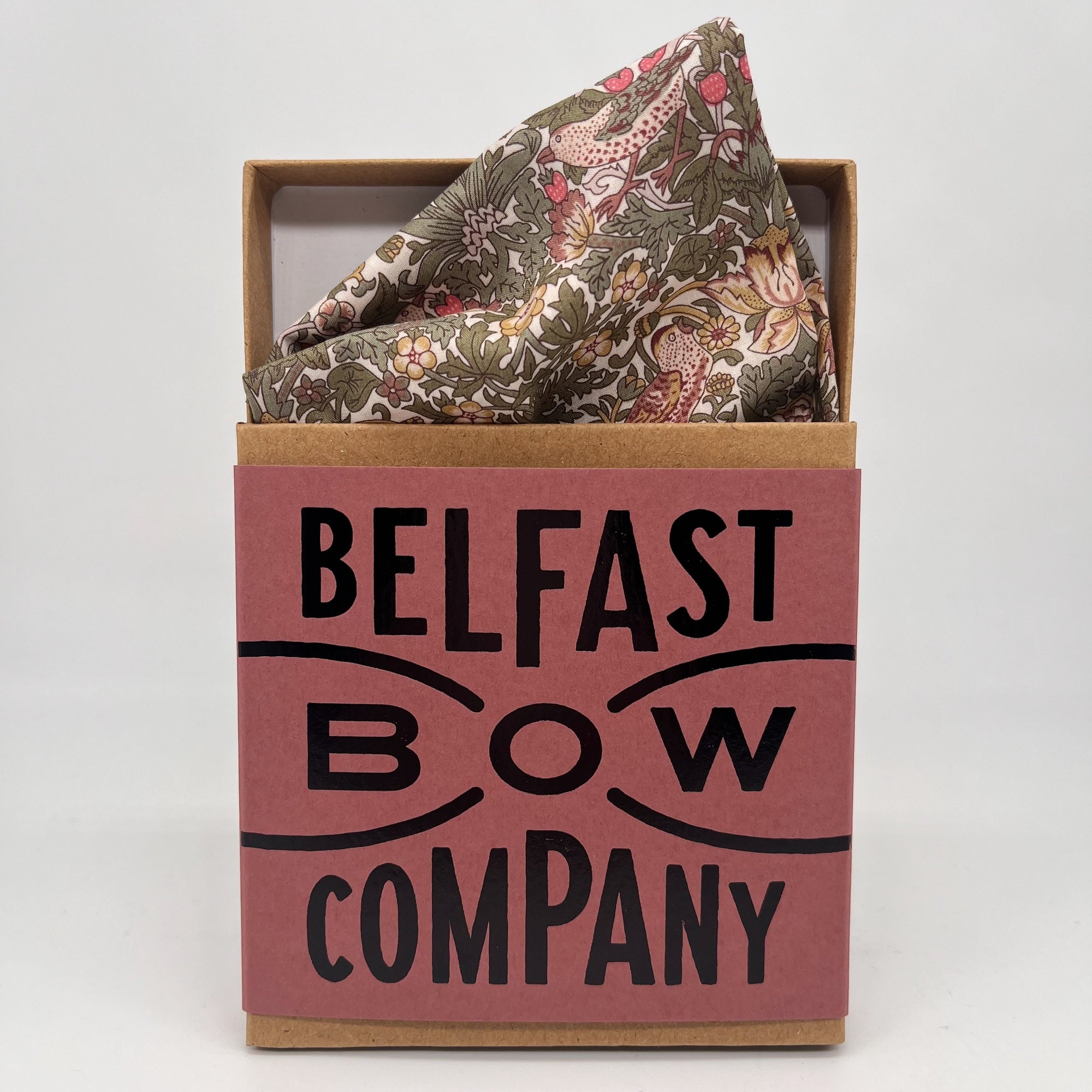 Olive Green and Pink Pocket Square in Strawberry Thief by the Belfast Bow Company