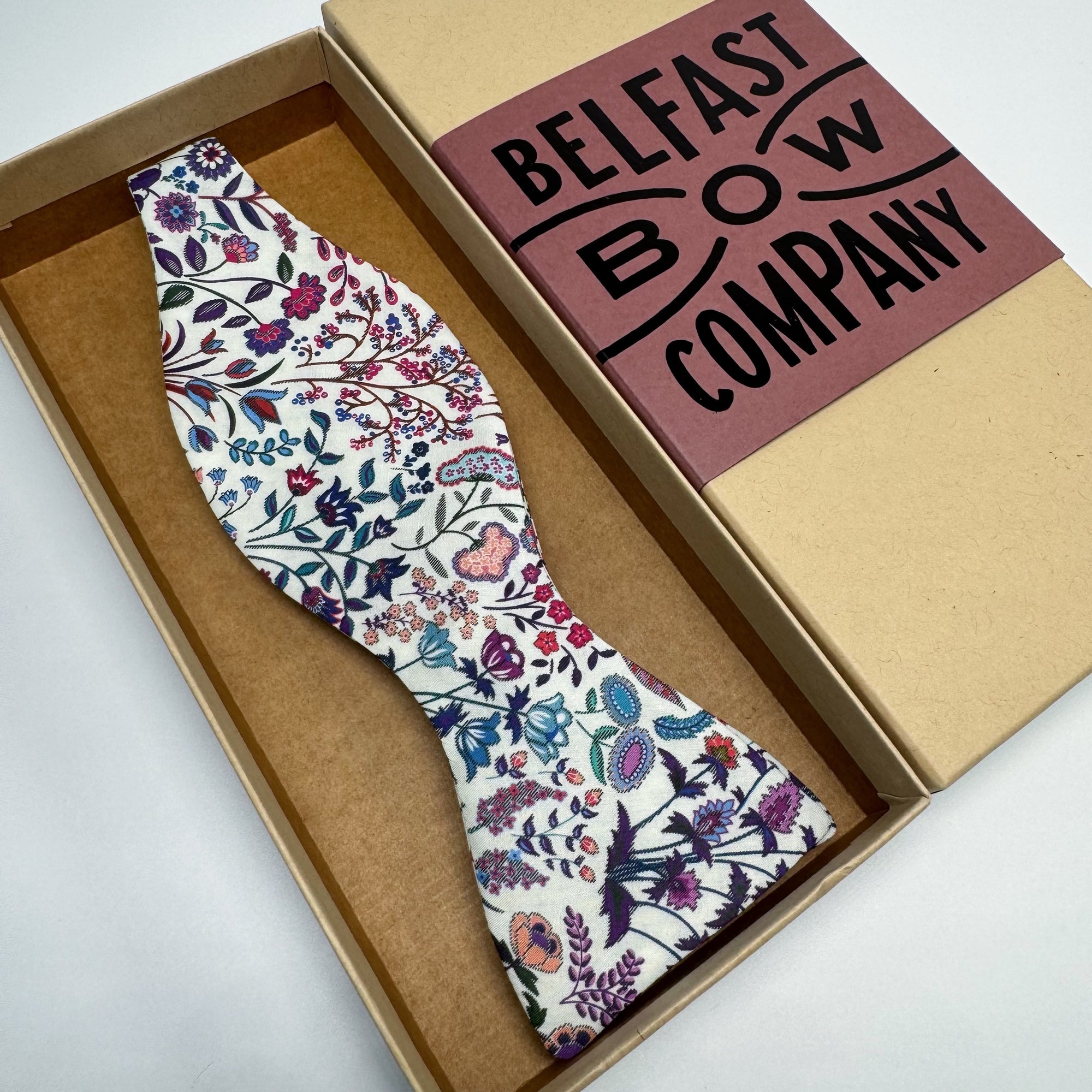 Liberty Self-Tie in Red, Navy and Purple Paisley Flowers by the Belfast Bow Company