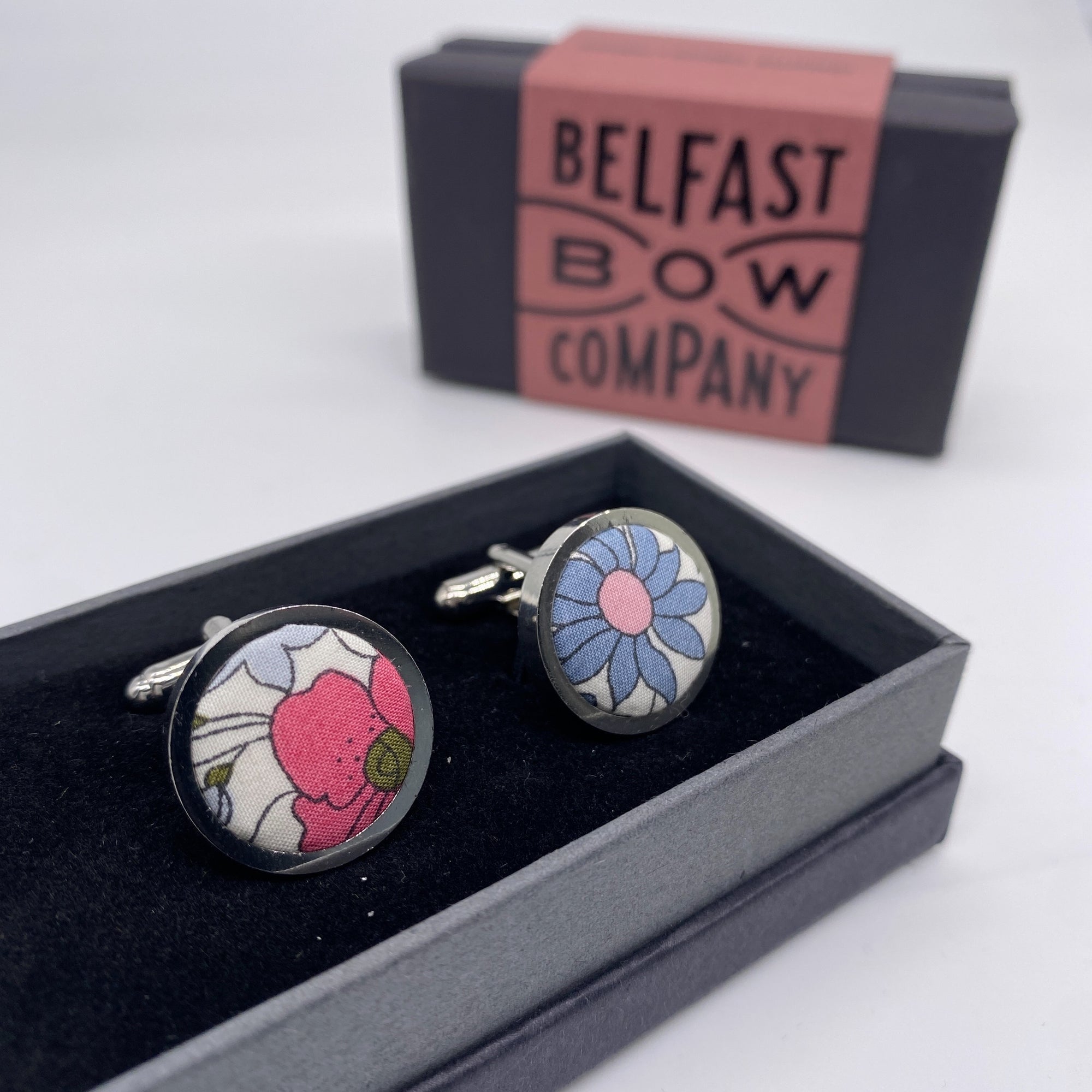 Cufflinks in blue floral by the Belfast Bow Company