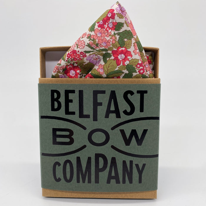 Liberty Floral Pocket Square in Red and Green by the Belfast Bow Company