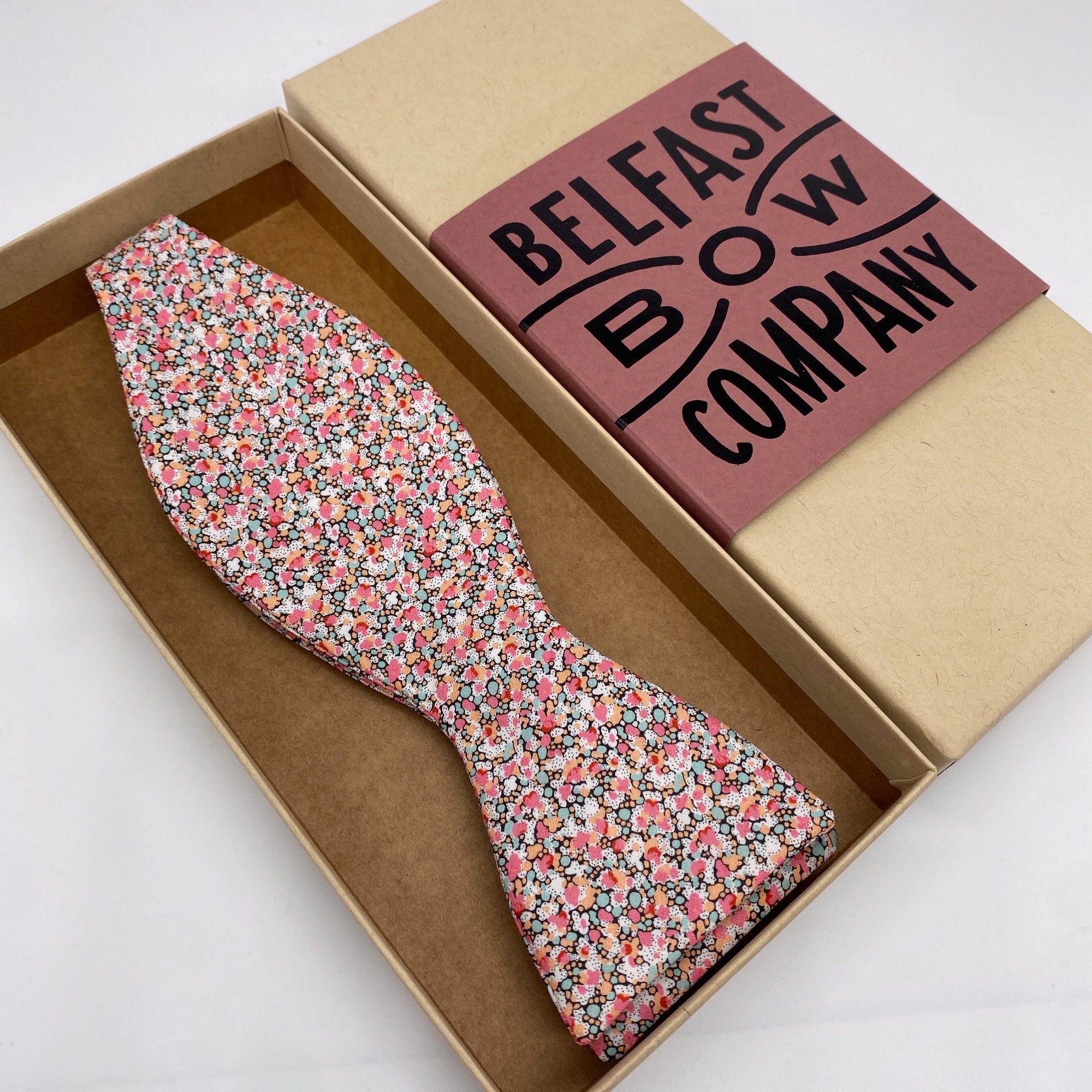 Self-Tie Bow Tie in Pink Ditsy Floral by the Belfast Bow Company