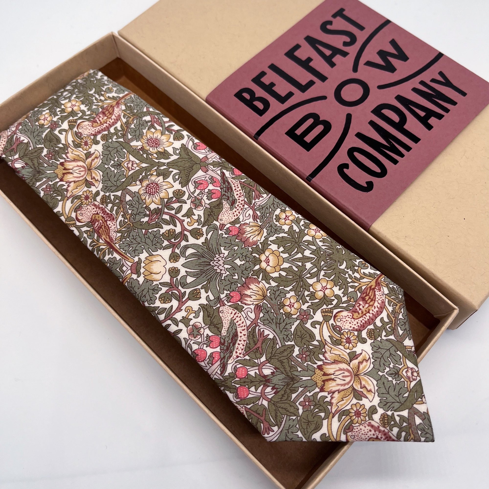 Olive Green and Pink Tie in Strawberry Thief by the Belfast Bow Company