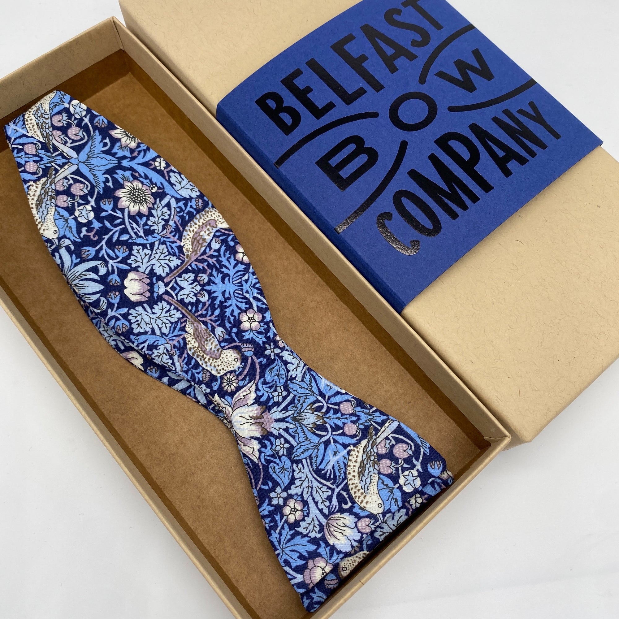 Self-Tie Bow Tie in Navy Strawberry Thief by the Belfast Bow Company