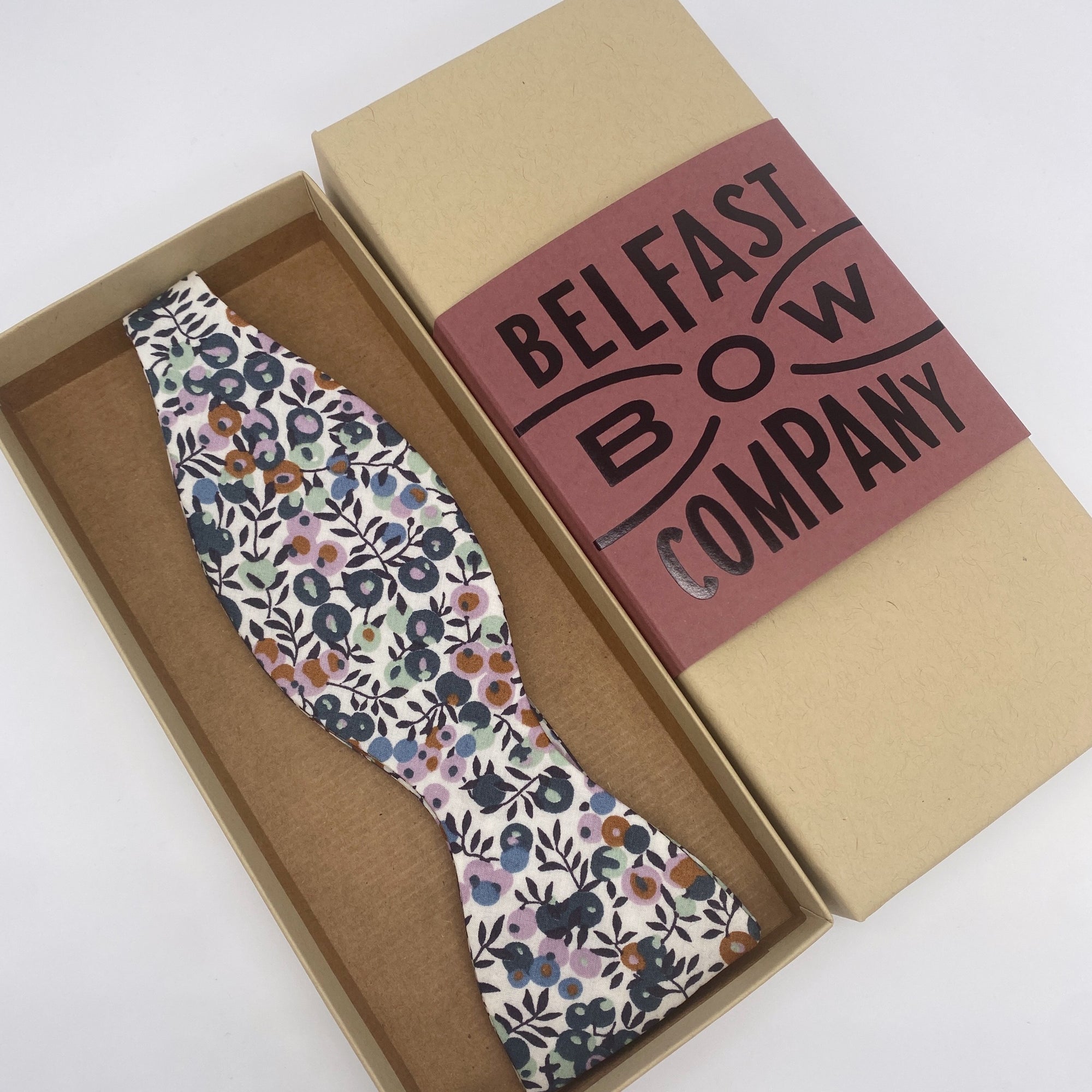 Self Tie Bow Tie in Blue & Lilac Berries Liberty of London by the Belfast Bow Company