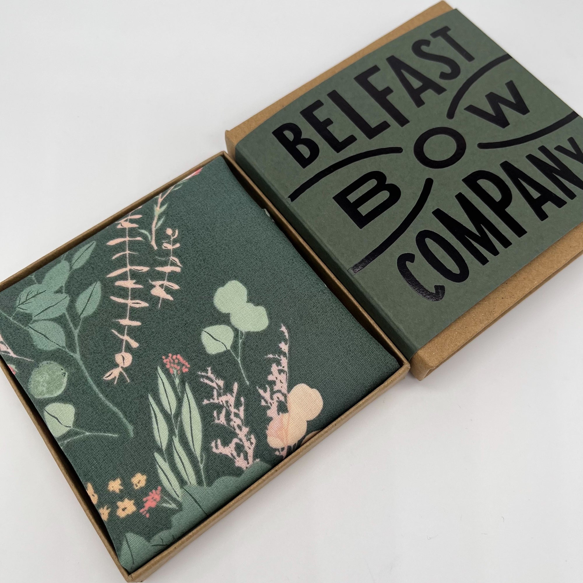 Dark Sage Green Floral pocket square by the belfast bow company
