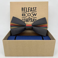 Doctor Who Bow Tie in Dark Grey with Rainbow Stripe by the Belfast Bow Company
