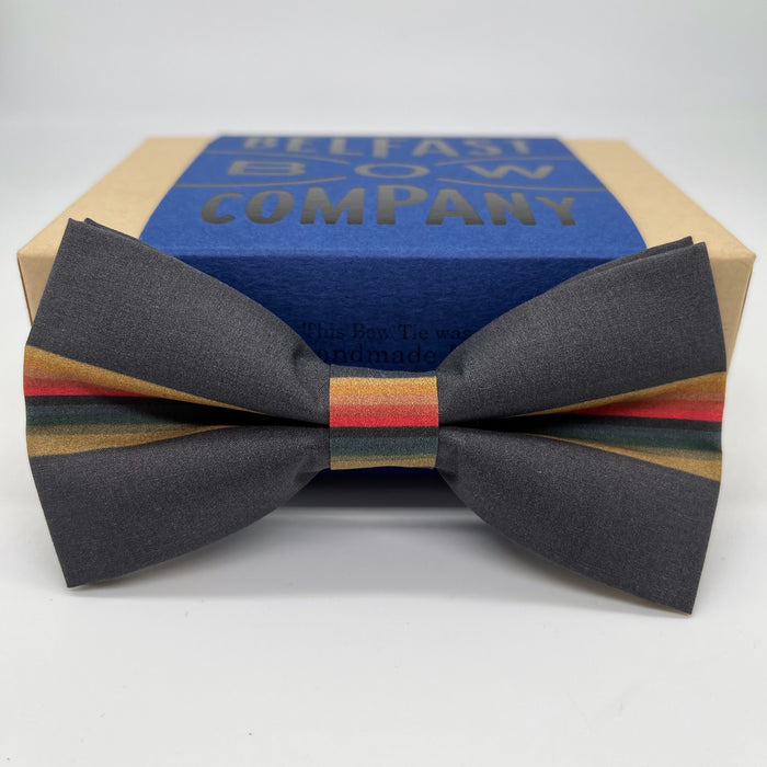 Doctor Who Dark grey bow tie with rainbow stripe by the Belfast Bow Company